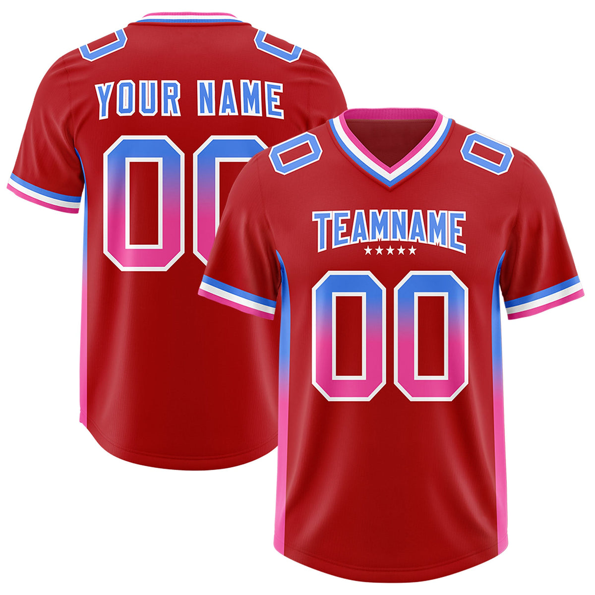 Custom Red Powder Blue and Pink Sides Gradient Fashion Personalized Team Football Jersey