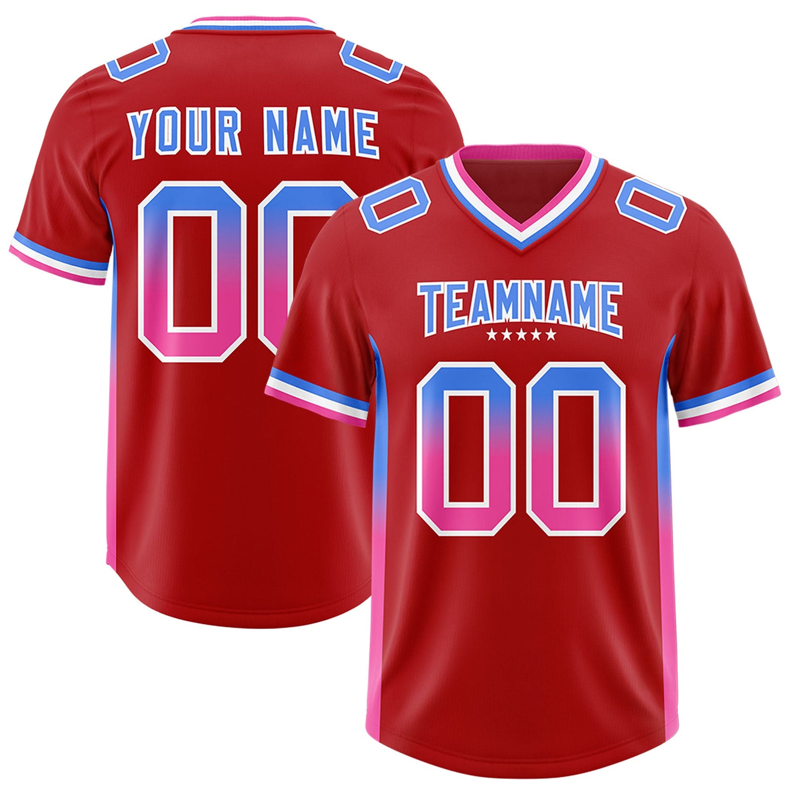Custom Red Powder Blue and Pink Sides Gradient Fashion Personalized Team Football Jersey