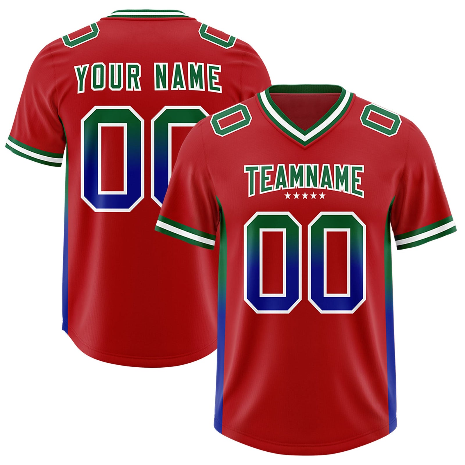 Custom Red Kelly Green and Royal Sides Gradient Fashion Personalized Team Football Jersey