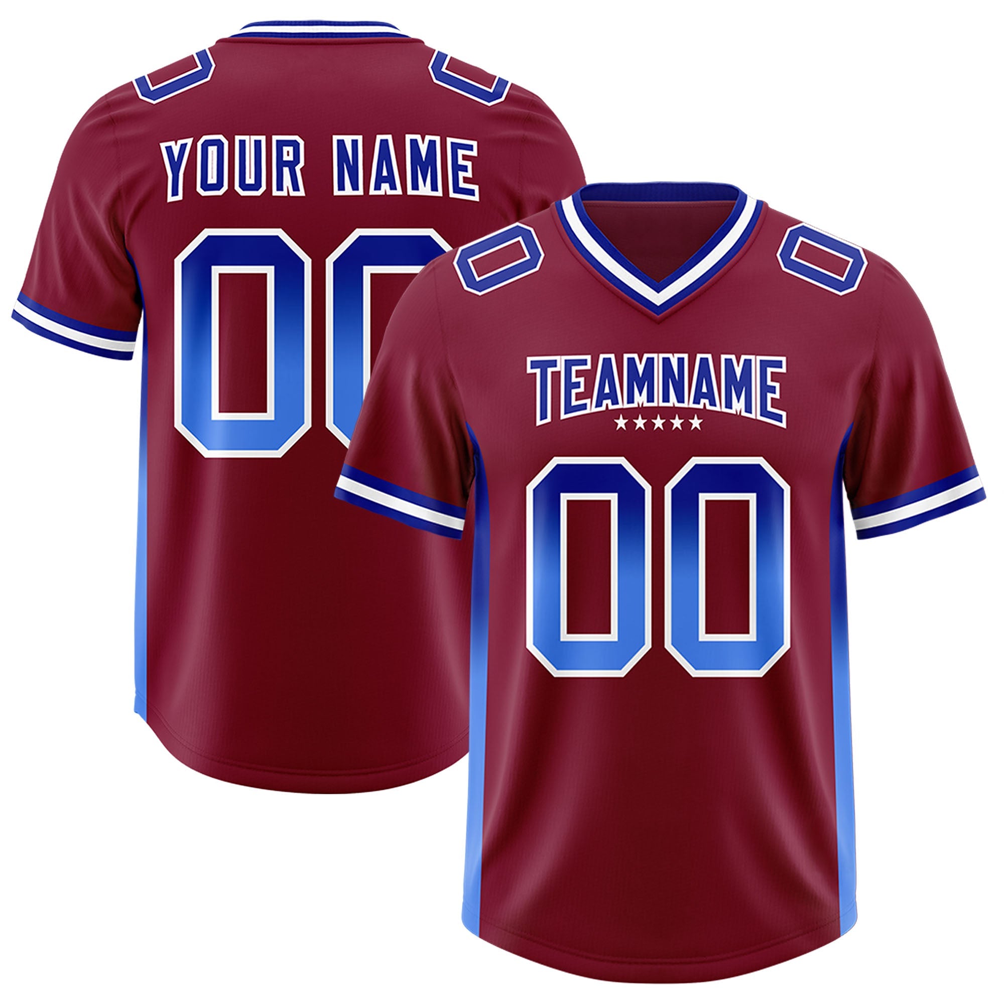 Custom Cardinal Royal and Powder Blue Sides Gradient Fashion Personalized Team Football Jersey