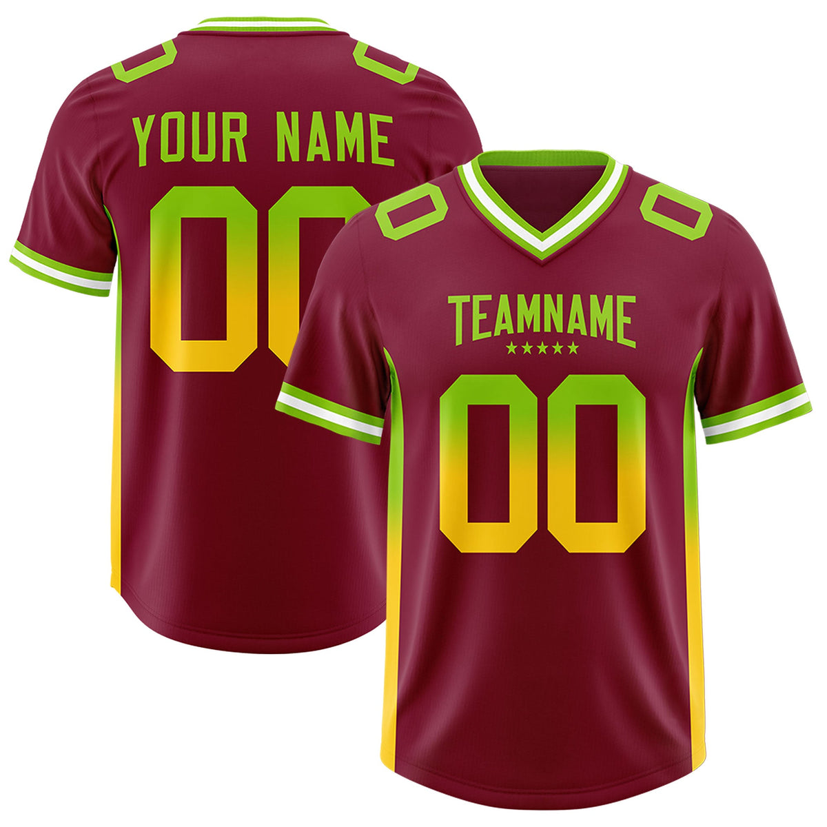 Custom Cardinal Neon Green and Gold Sides Gradient Fashion Personalized Team Football Jersey