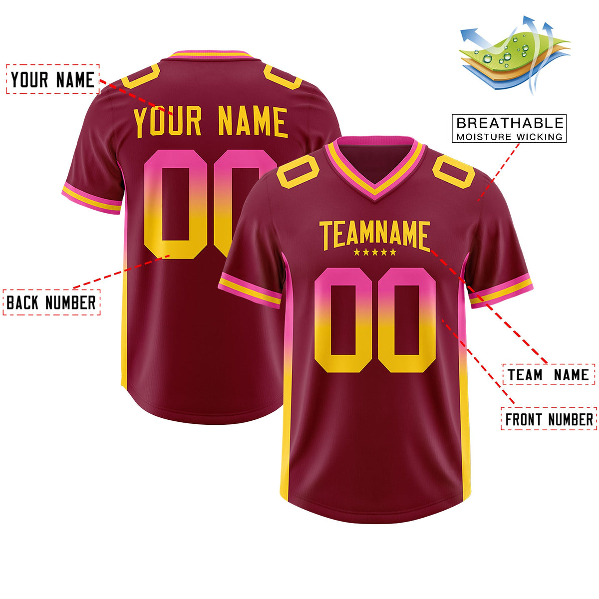 Custom Cardinal Pink and Gold Sides Gradient Fashion Personalized Team Football Jersey