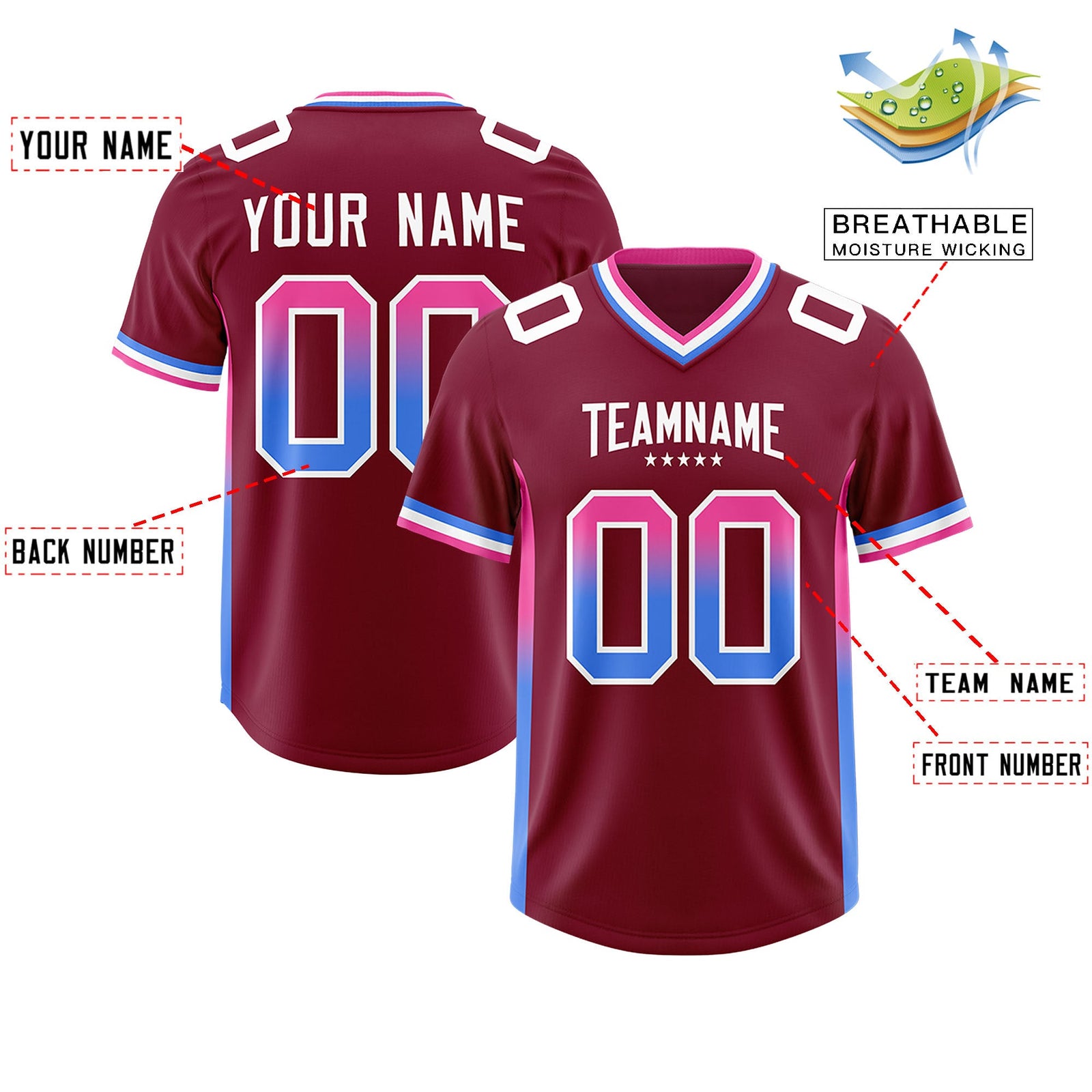 Custom Cardinal Pink and Powder Blue Sides Gradient Fashion Personalized Team Football Jersey