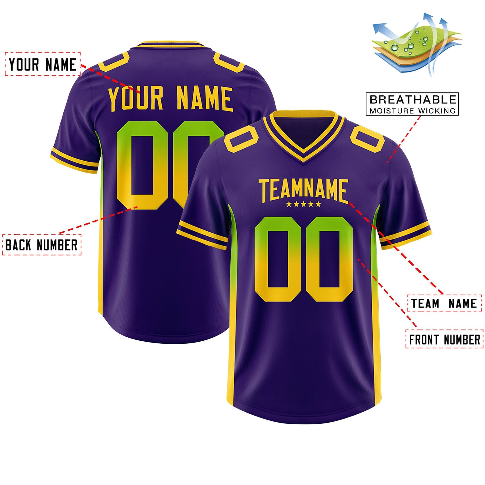 Custom Purple Neon Green and Gold Sides Gradient Fashion Personalized Team Football Jersey