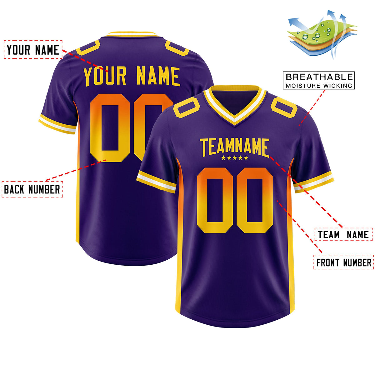 Custom Purple Orange and Gold Sides Gradient Fashion Personalized Team Football Jersey