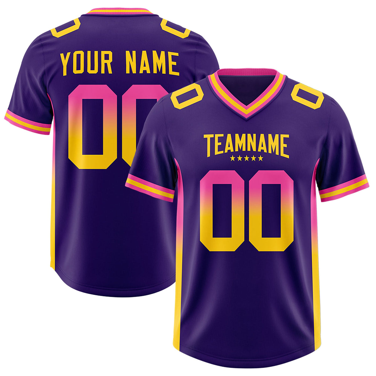 Custom Purple Pink and Gold Sides Gradient Fashion Personalized Team Football Jersey