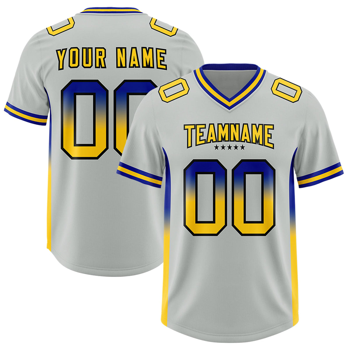Custom Gray Royal and Gold Sides Gradient Fashion Personalized Team Football Jersey