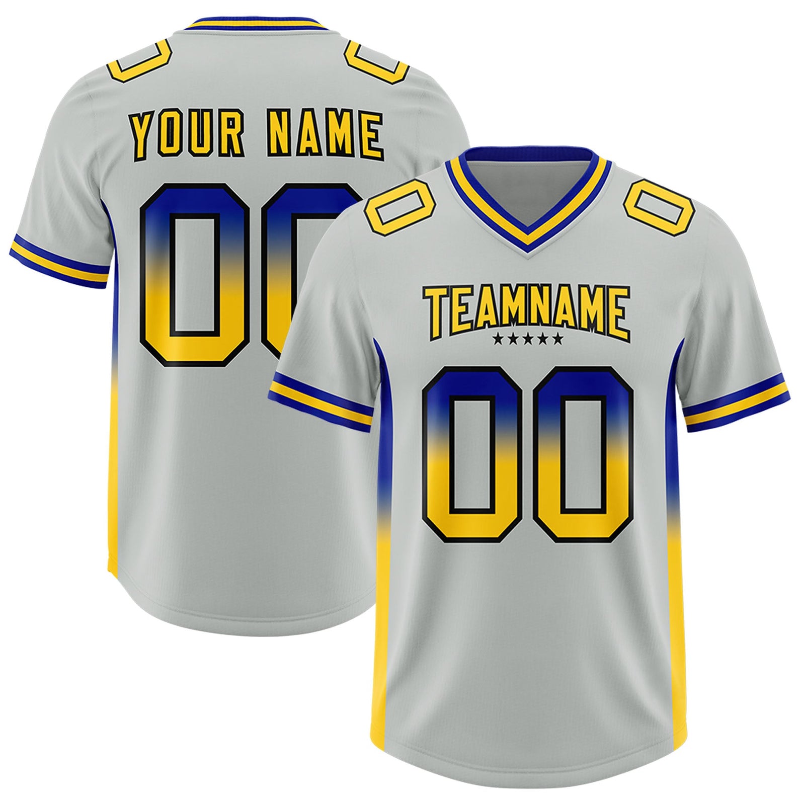 Custom Gray Royal and Gold Sides Gradient Fashion Personalized Team Football Jersey