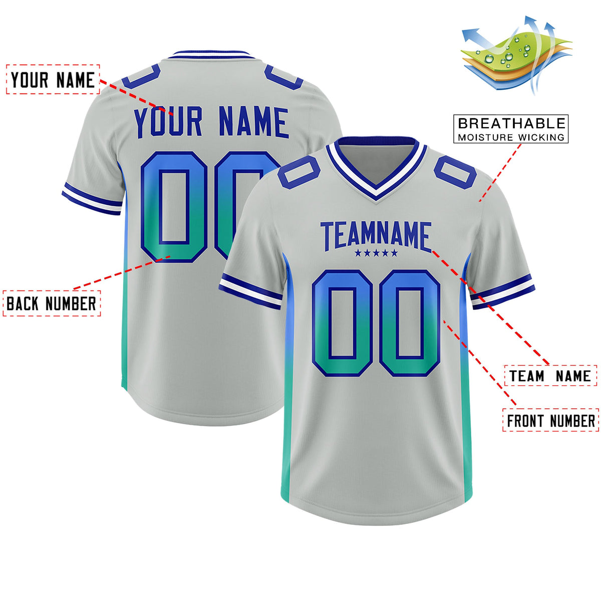 Custom Gray Powder Blue and Bright Green Sides Gradient Fashion Personalized Team Football Jersey