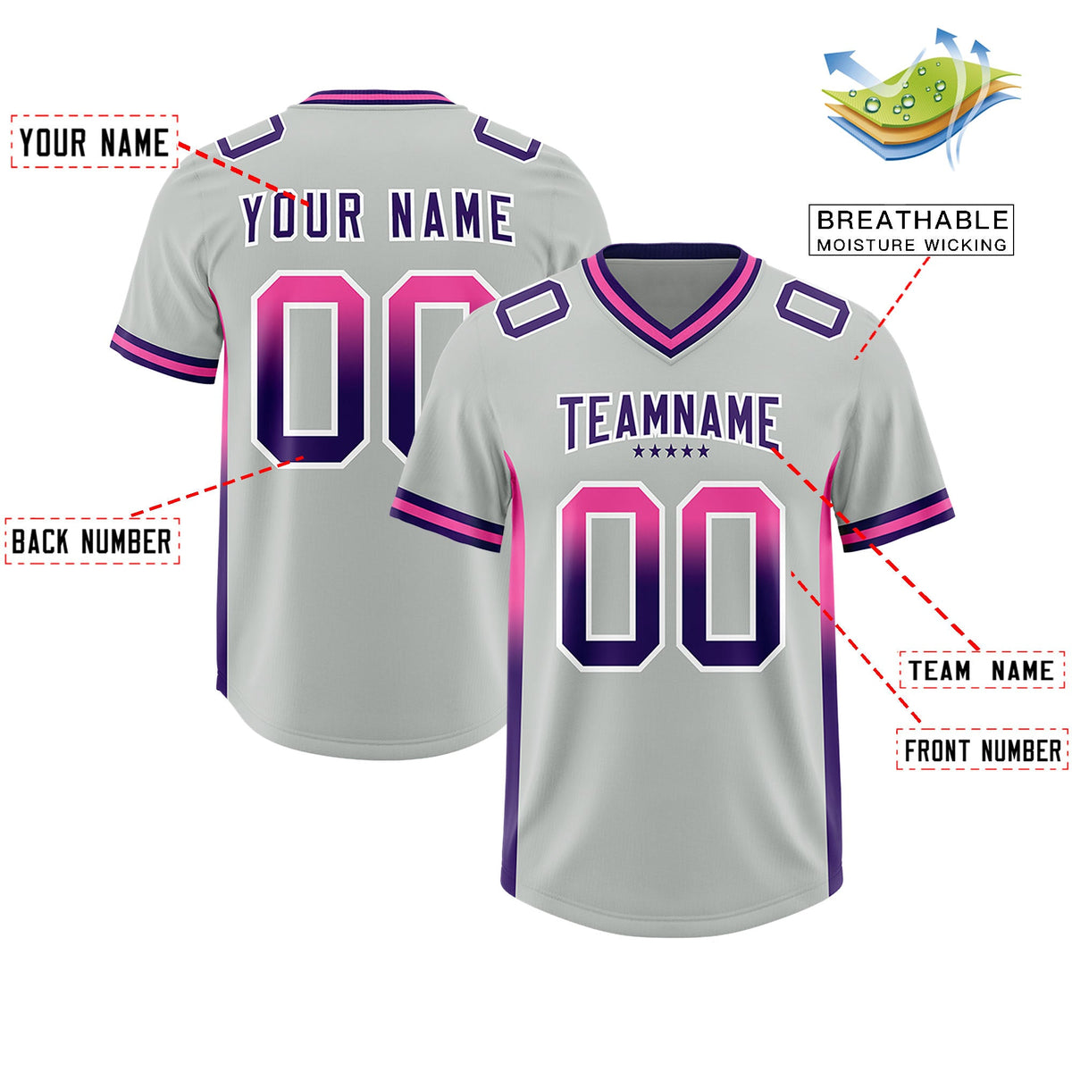 Custom Gray Pink and Purple Sides Gradient Fashion Personalized Team Football Jersey