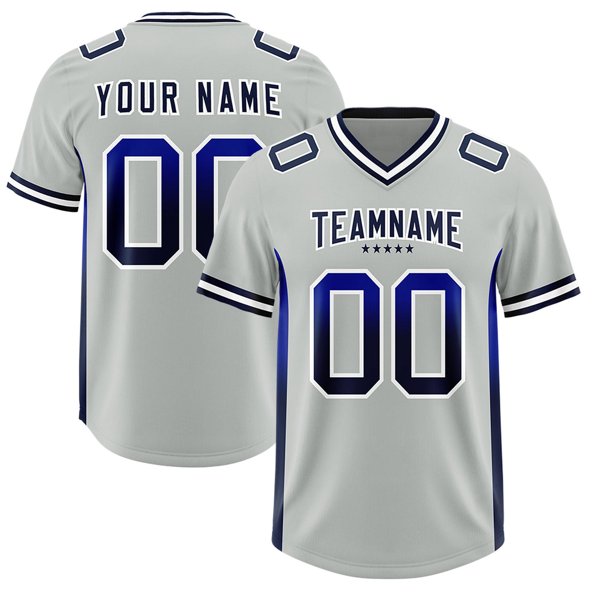Custom Gray Royal and Navy Sides Gradient Fashion Personalized Team Football Jersey