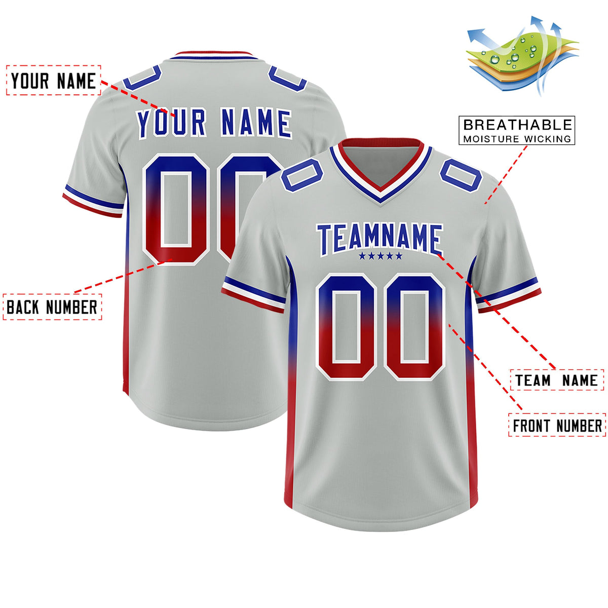 Custom Gray Royal and Red Sides Gradient Fashion Personalized Team Football Jersey