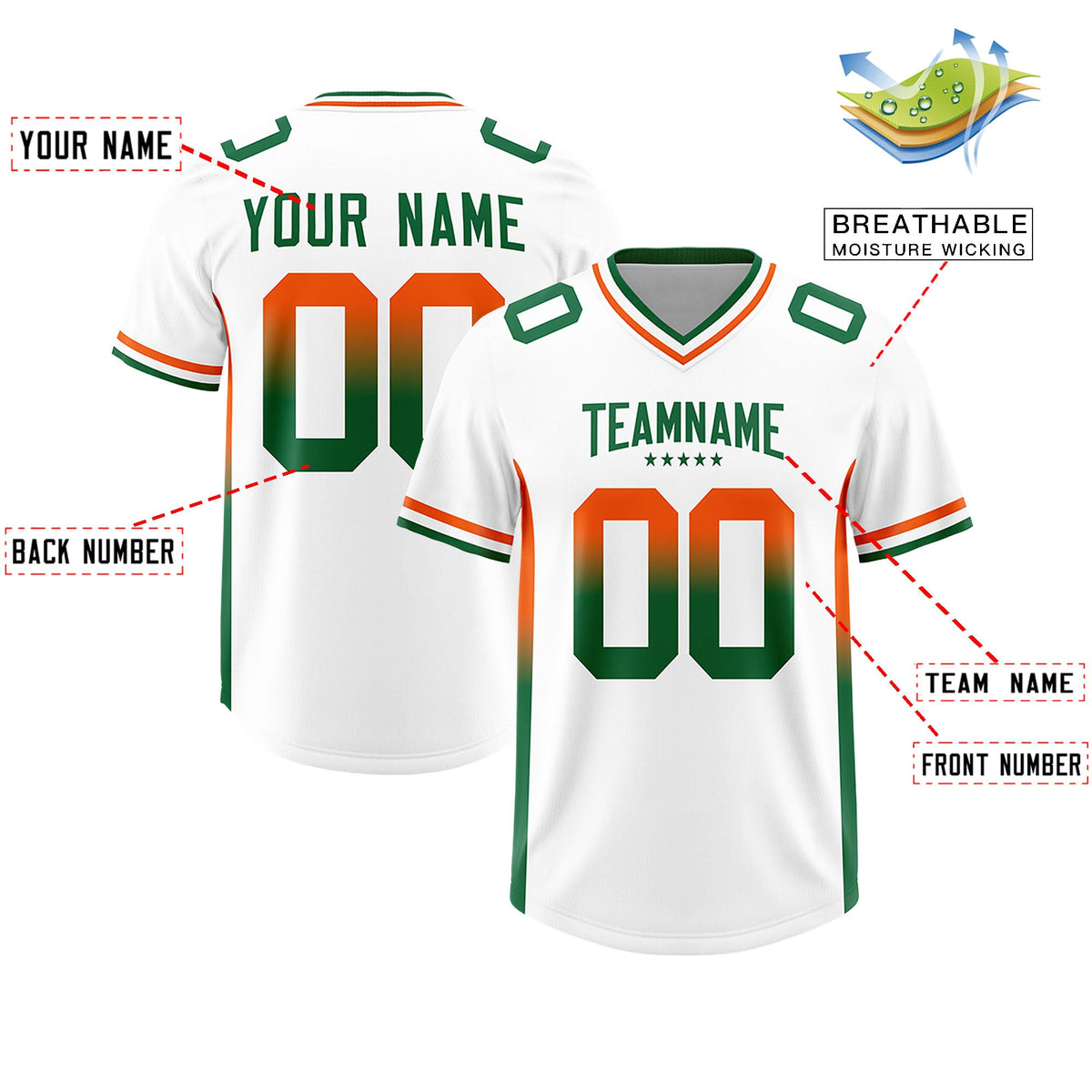 Custom White Orange and Kelly Green Sides Gradient Fashion Personalized Team Football Jersey
