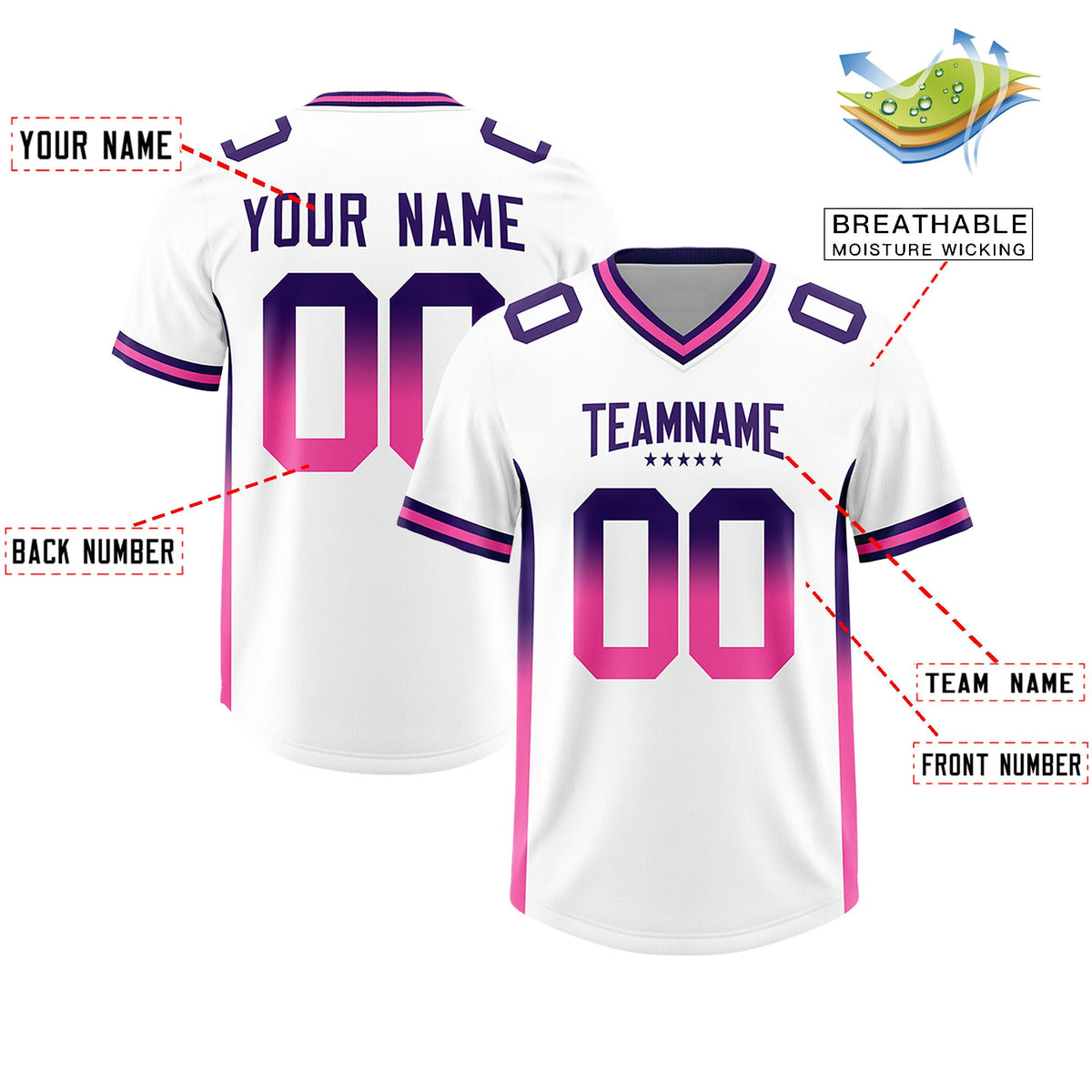 Custom White Purple and Pink Sides Gradient Fashion Personalized Team Football Jersey