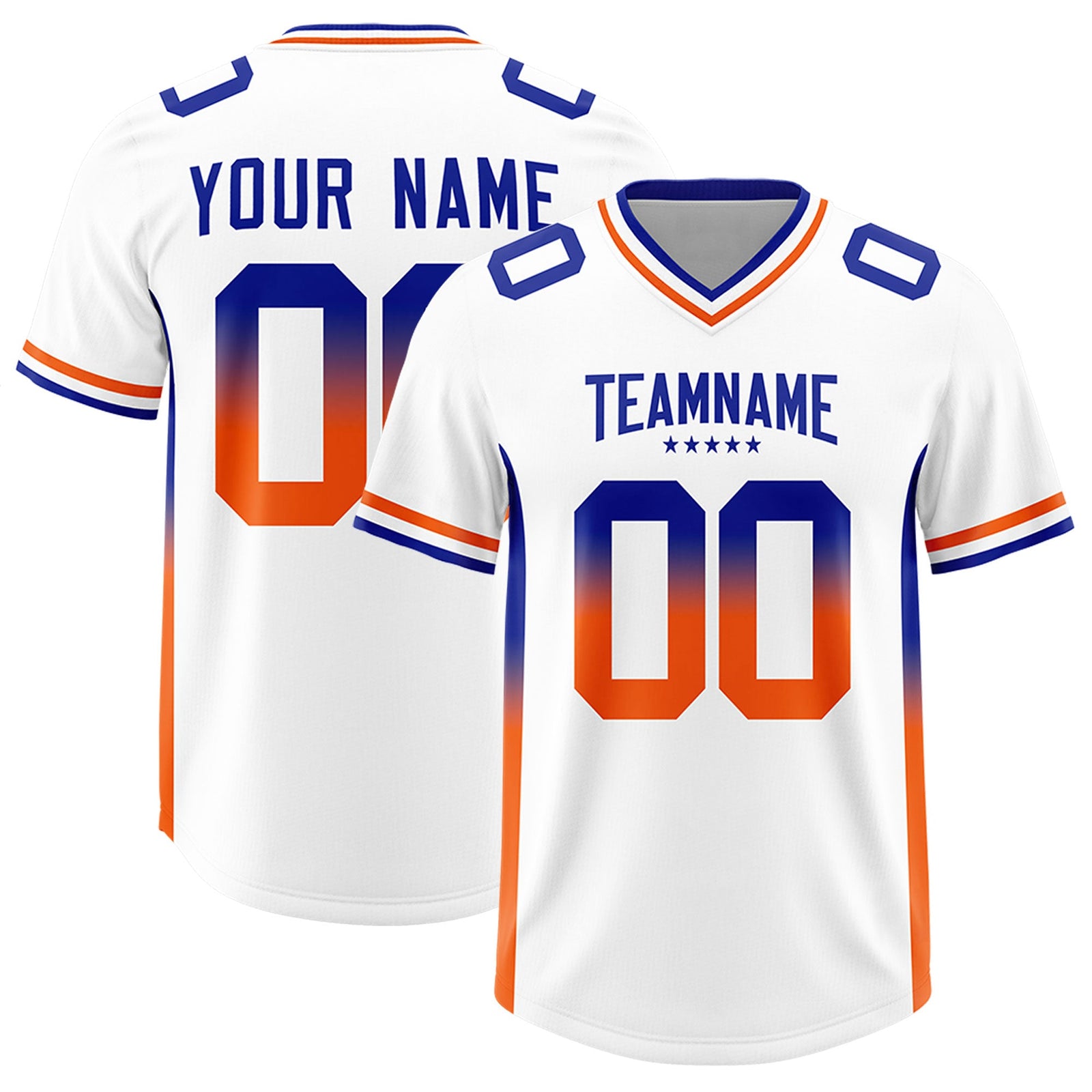 Custom White Royal and Orange Sides Gradient Fashion Personalized Team Football Jersey