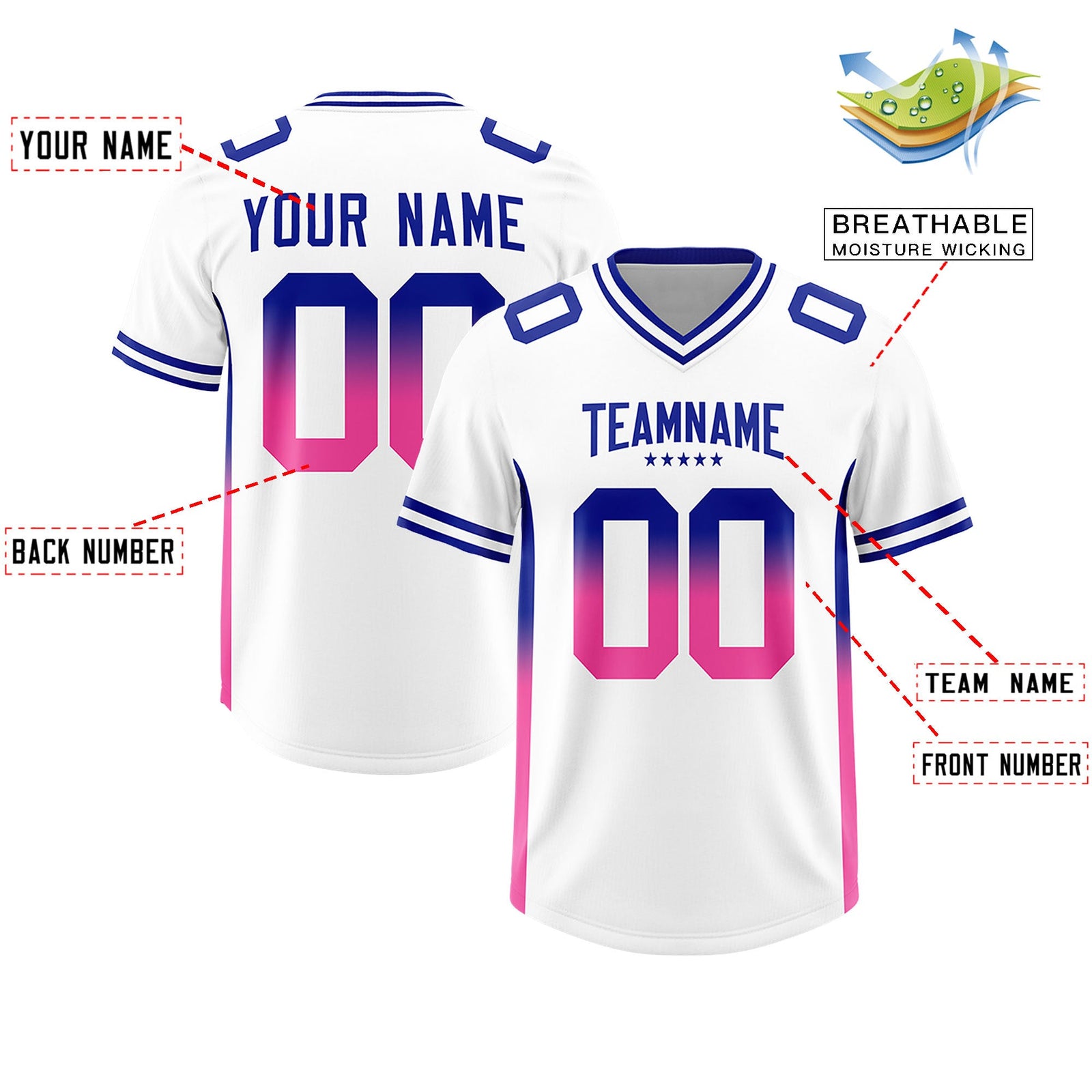 Custom White Royal and Pink Sides Gradient Fashion Personalized Team Football Jersey