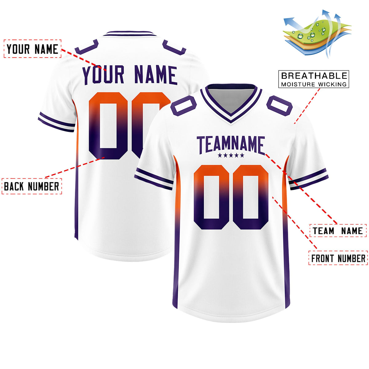 Custom White Orange and Purple Sides Gradient Fashion Personalized Team Football Jersey