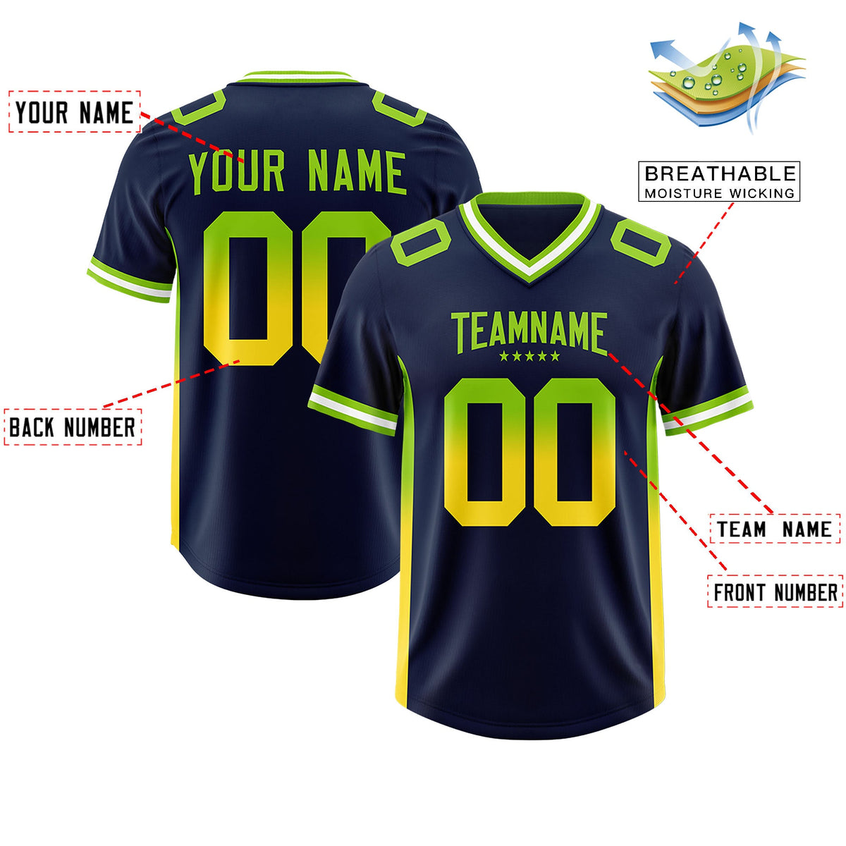 Custom Navy Neon Green and Gold Sides Gradient Fashion Personalized Team Football Jersey