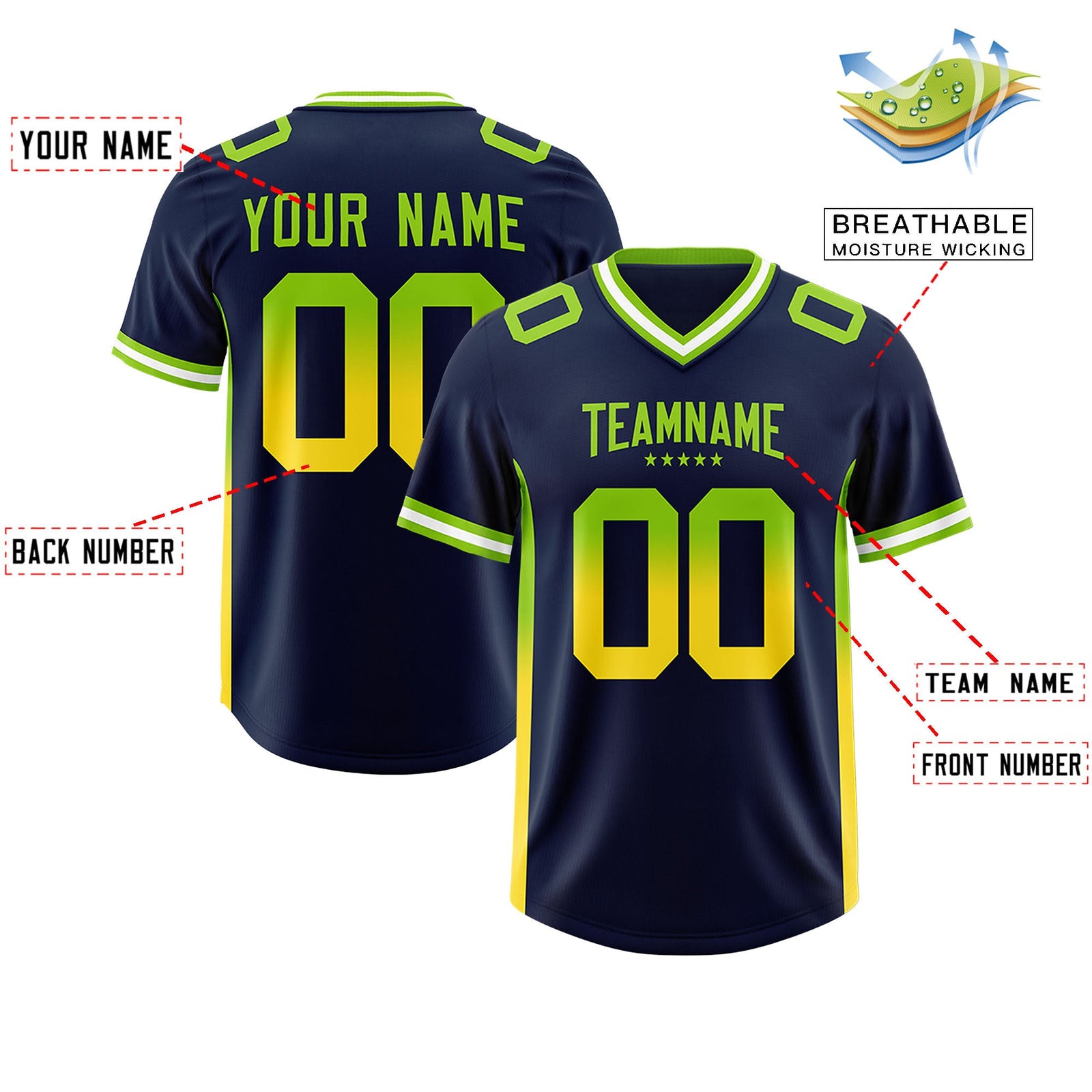 Custom Navy Neon Green and Gold Sides Gradient Fashion Personalized Team Football Jersey