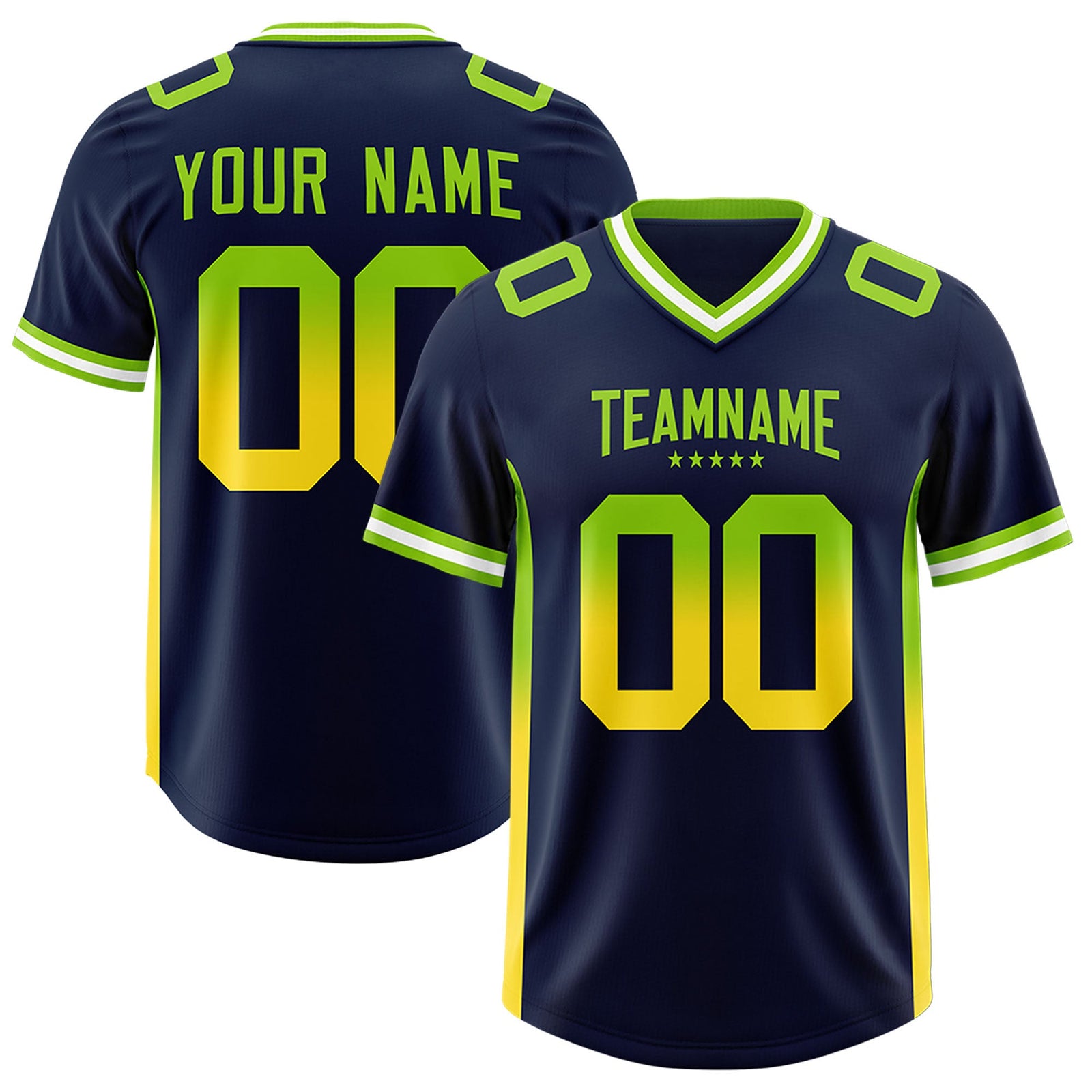 Custom Navy Neon Green and Gold Sides Gradient Fashion Personalized Team Football Jersey