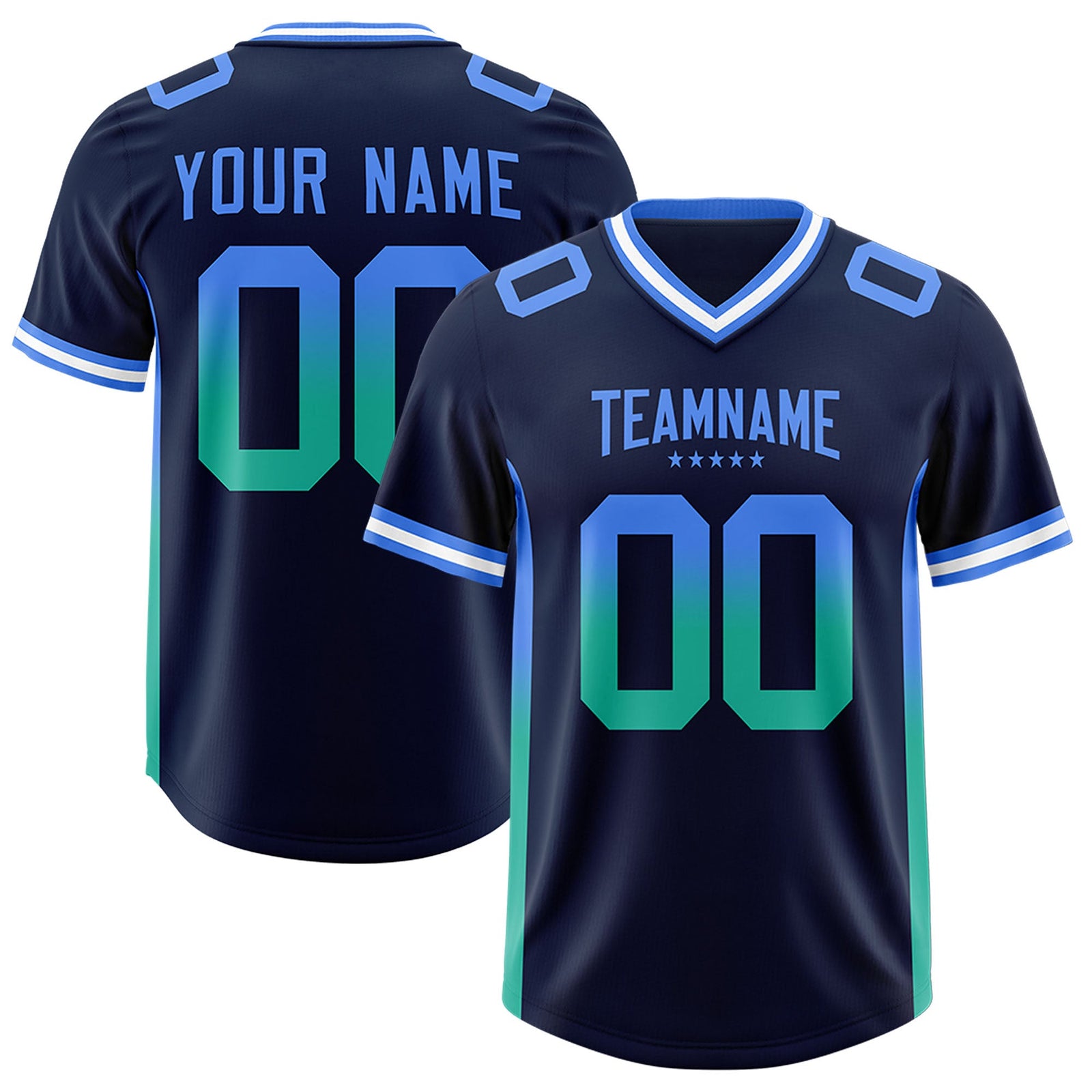Custom Navy Powder Blue and Bright Green Sides Gradient Fashion Personalized Team Football Jersey