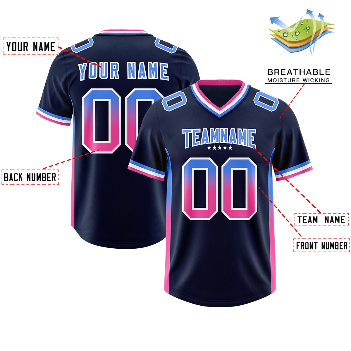 Custom Navy Powder Blue and Pink Sides Gradient Fashion Personalized Team Football Jersey
