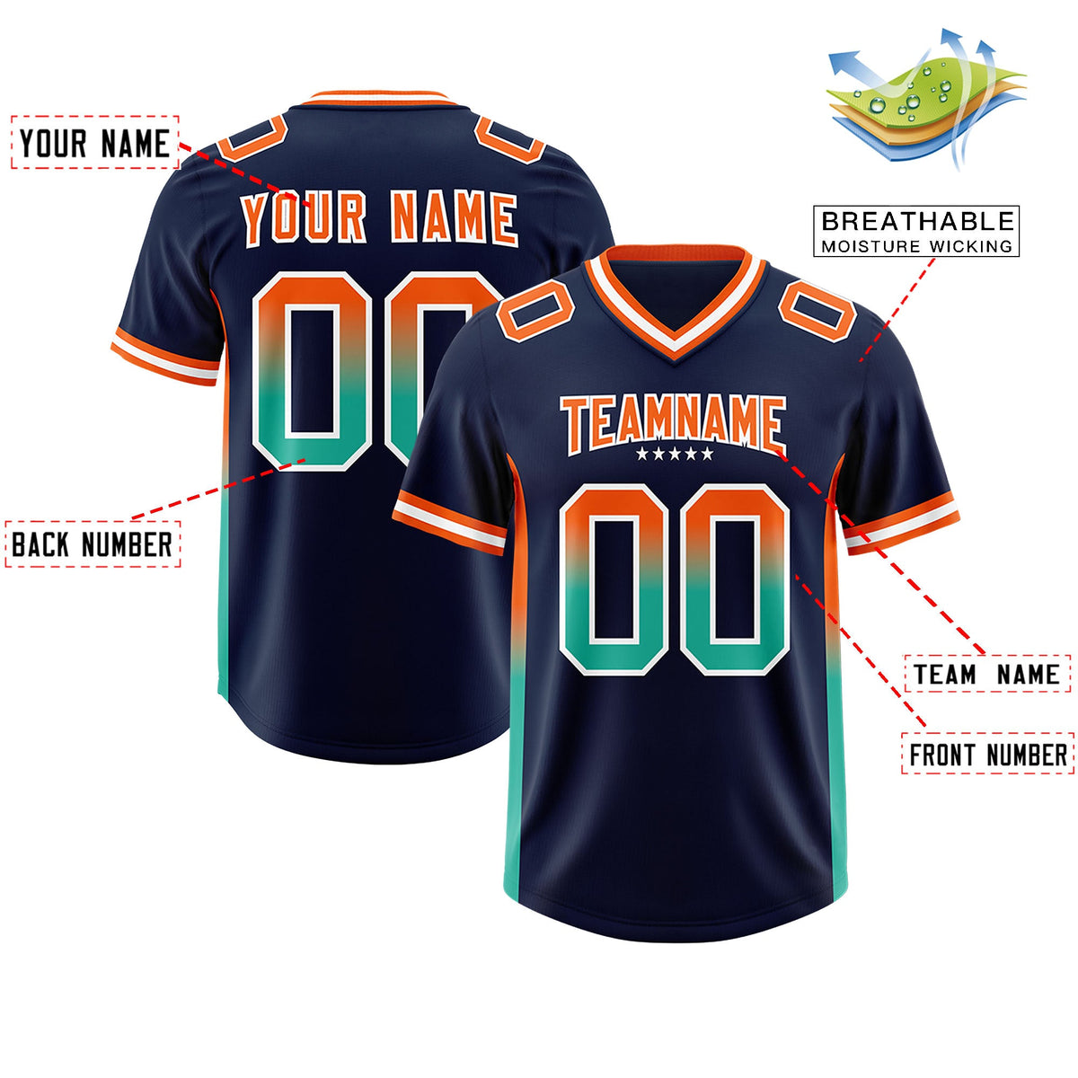 Custom Navy Orange and Bright Green Sides Gradient Fashion Personalized Team Football Jersey
