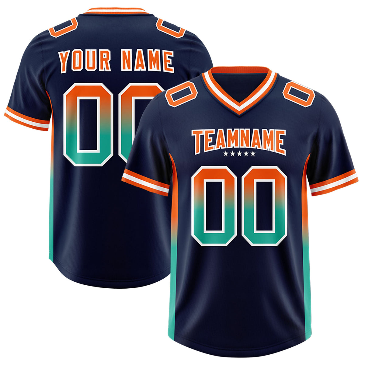 Custom Navy Orange and Bright Green Sides Gradient Fashion Personalized Team Football Jersey