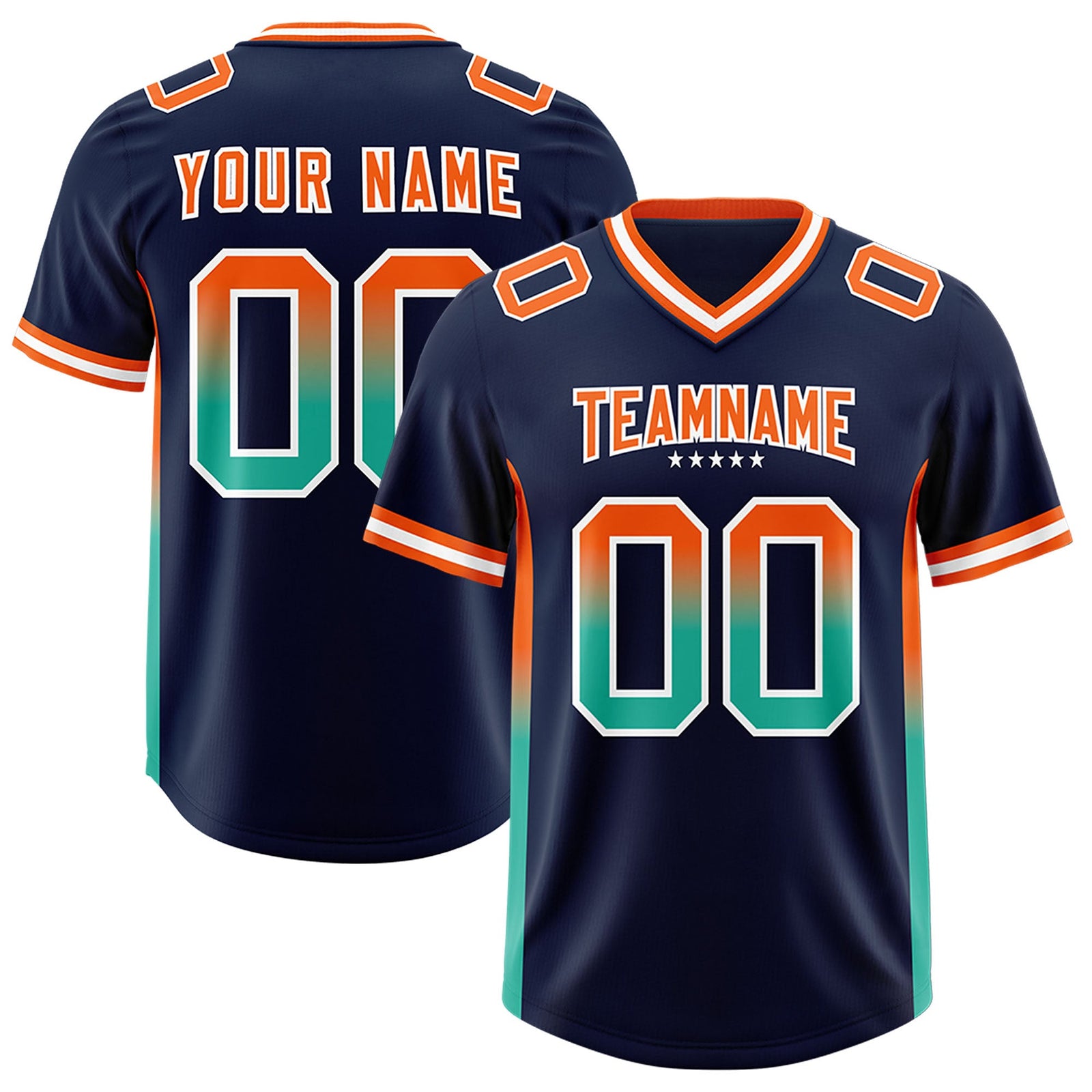 Custom Navy Orange and Bright Green Sides Gradient Fashion Personalized Team Football Jersey