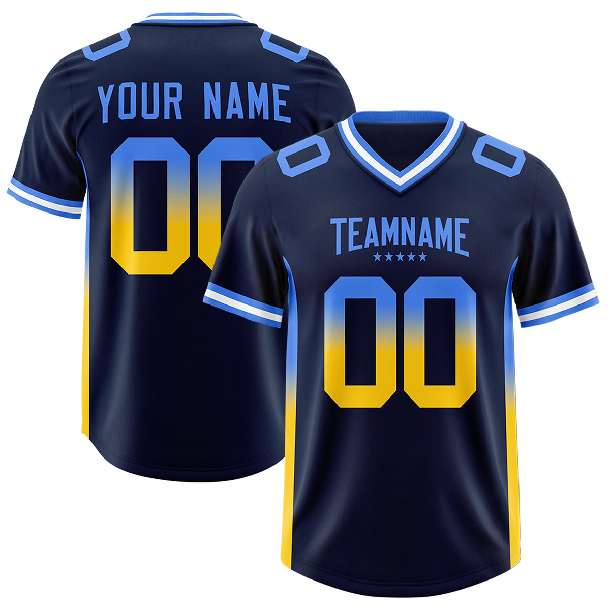 Custom Navy Powder Blue and Gold Sides Gradient Fashion Personalized Team Football Jersey