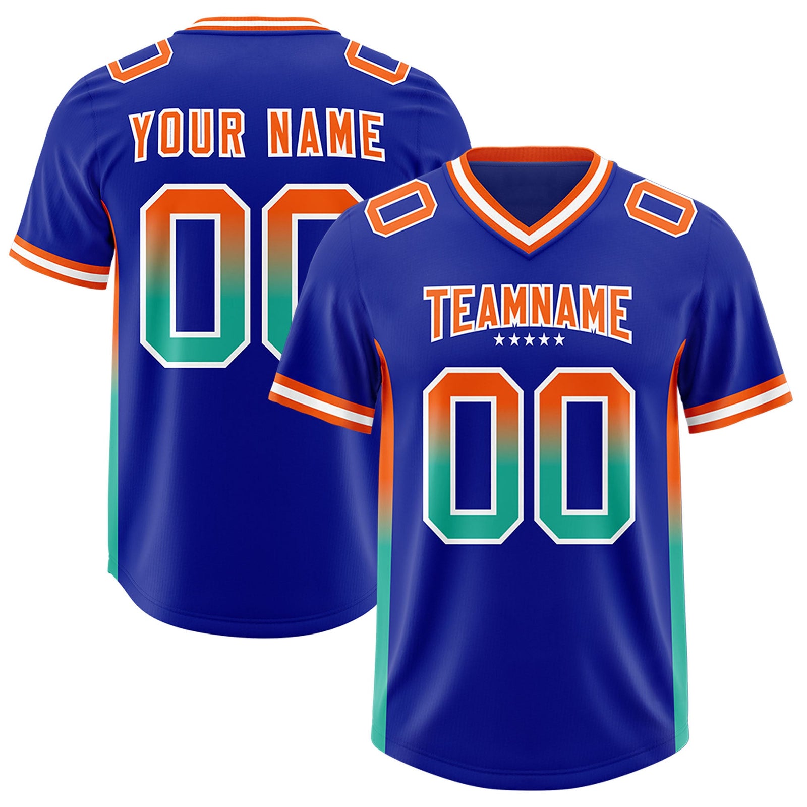 Custom Royal Orange and Bright Green Sides Gradient Fashion Personalized Team Football Jersey