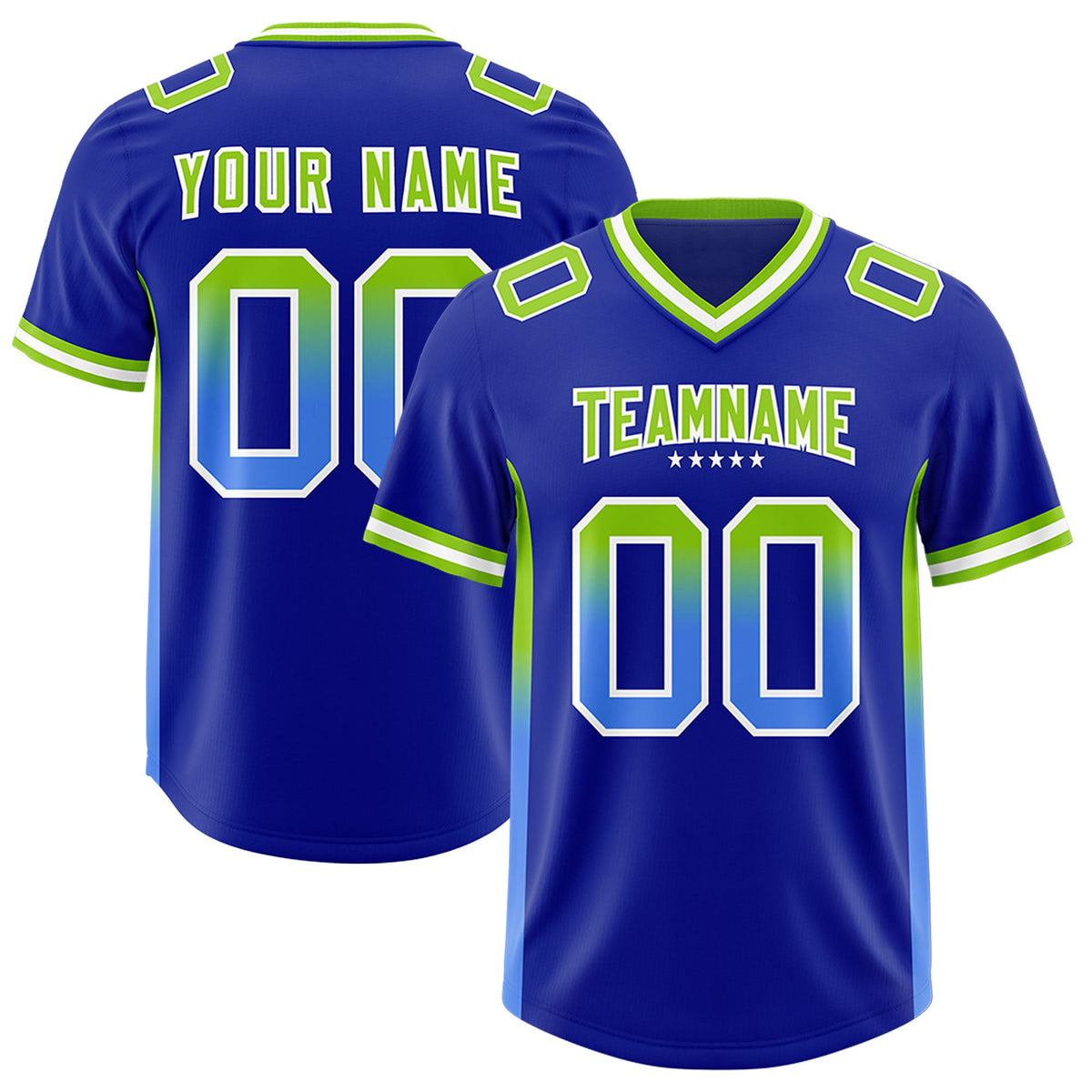 Custom Royal Neon Green and Powder Blue Sides Gradient Fashion Personalized Team Football Jersey