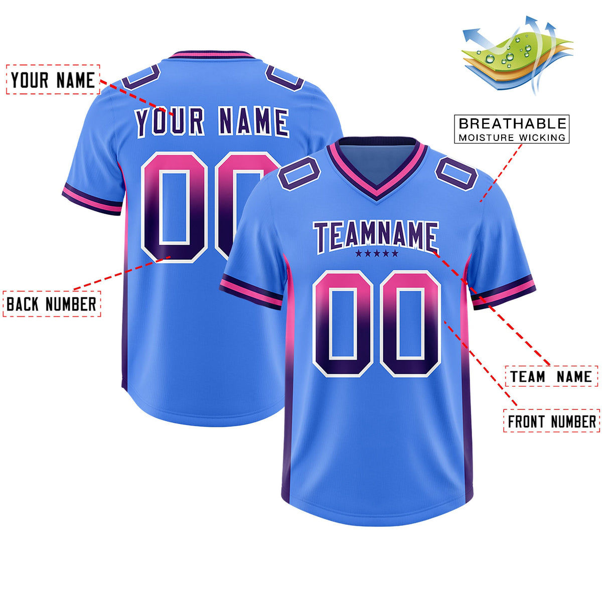 Custom Powder Blue Pink and Purple Sides Gradient Fashion Personalized Team Football Jersey