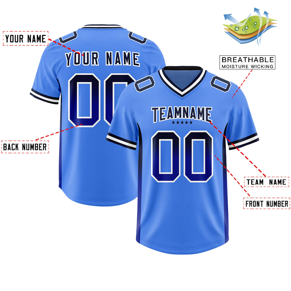 Custom Powder Blue Navy and Royal Sides Gradient Fashion Personalized Team Football Jersey