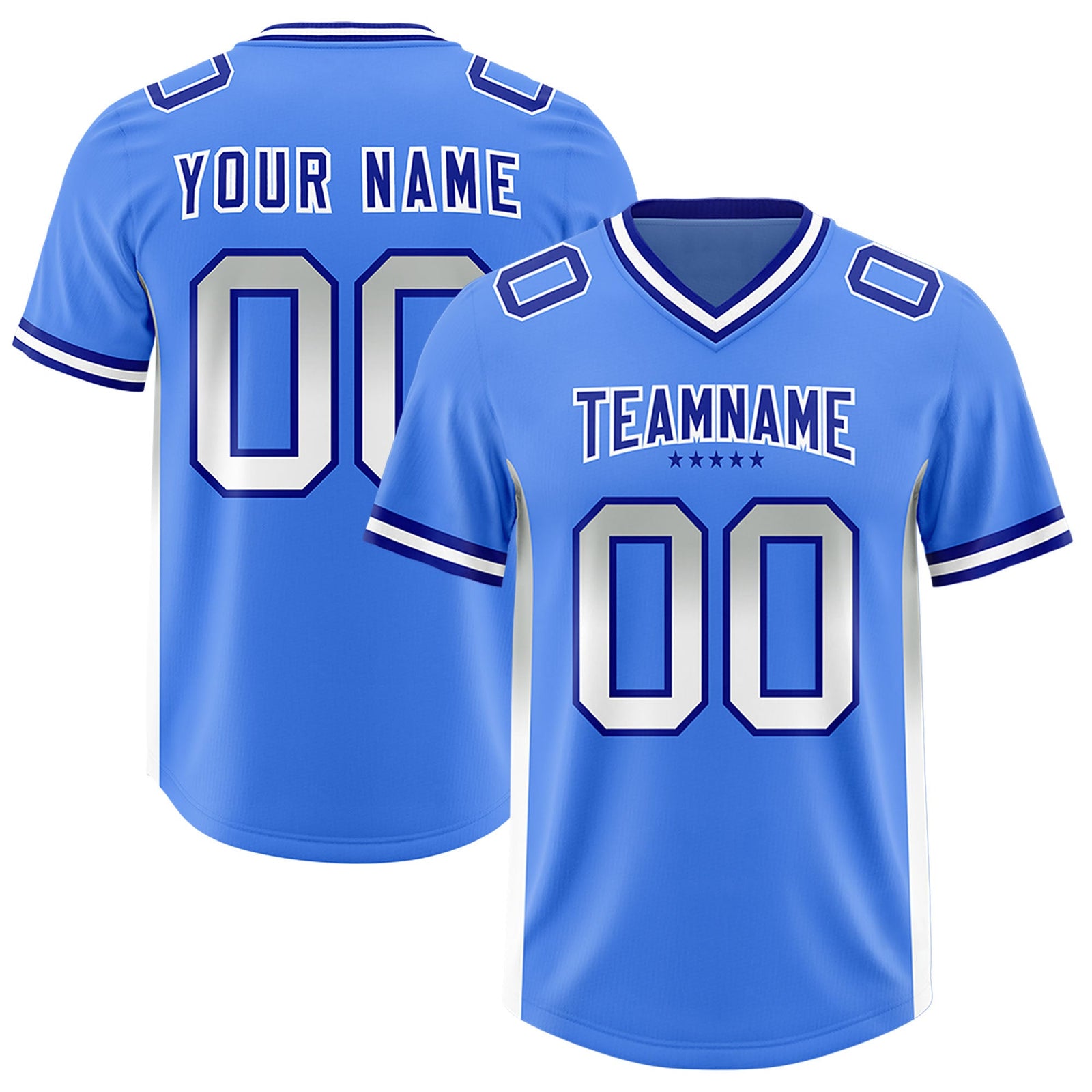 Custom Powder Blue Gray and White Sides Gradient Fashion Personalized Team Football Jersey