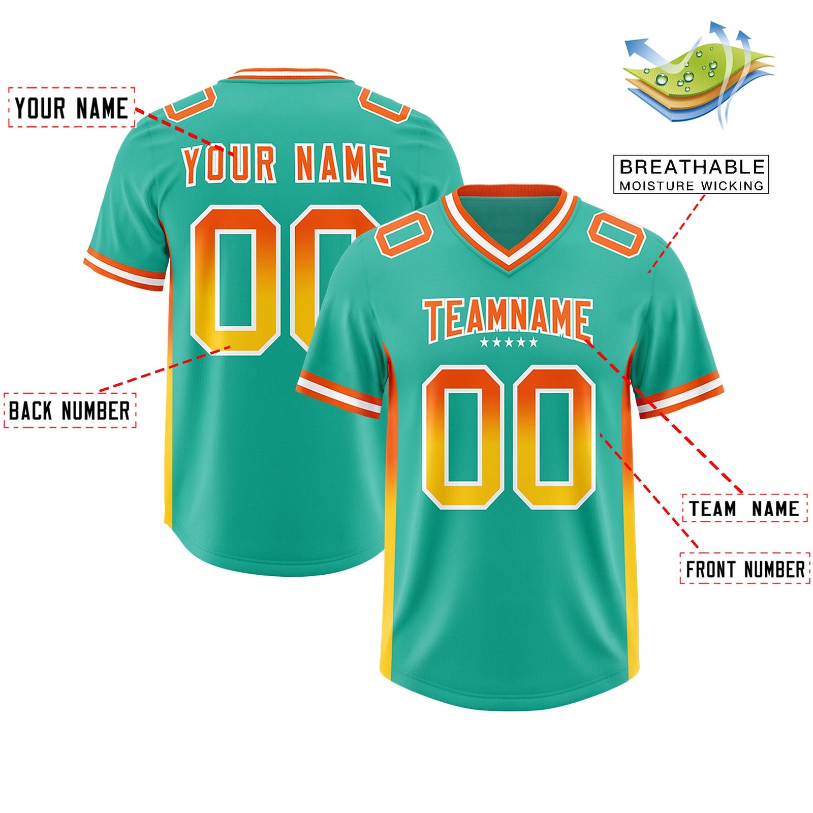 Custom Bright Green Orange and Gold Sides Gradient Fashion Personalized Team Football Jersey