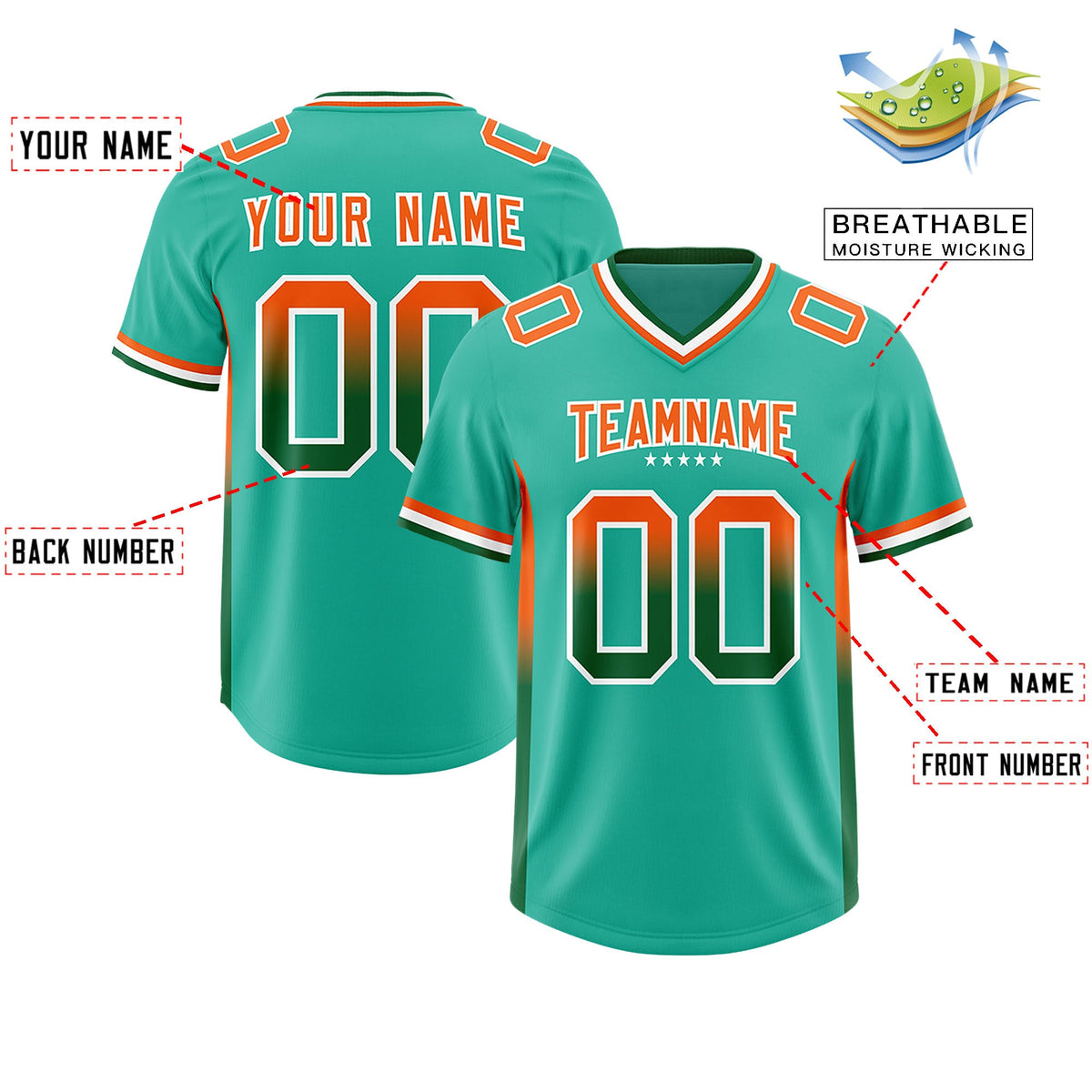 Custom Bright Green Orange and Kelly Green Sides Gradient Fashion Personalized Team Football Jersey