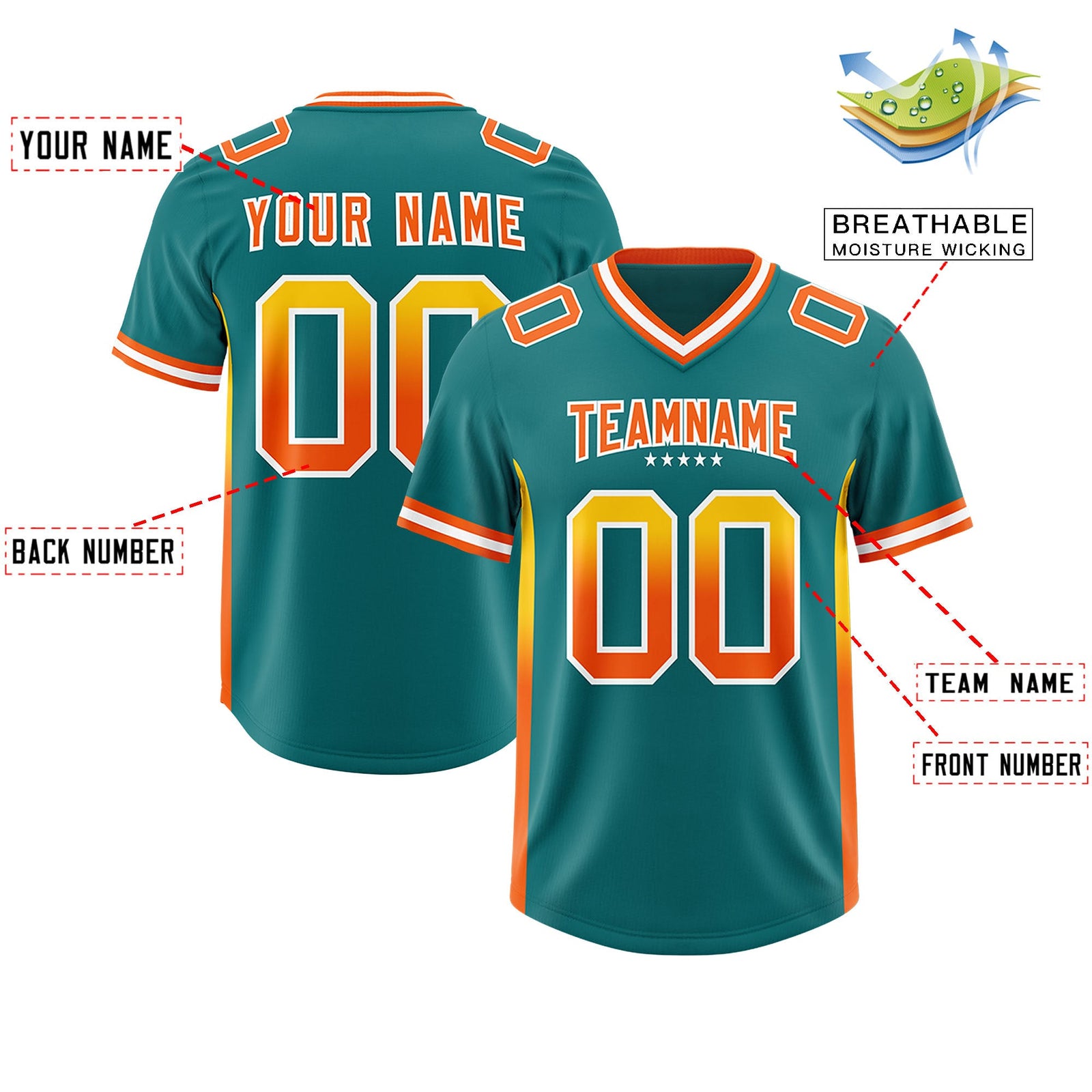Custom Aqua Gold Sides Gradient Fashion Personalized Team Football Jersey