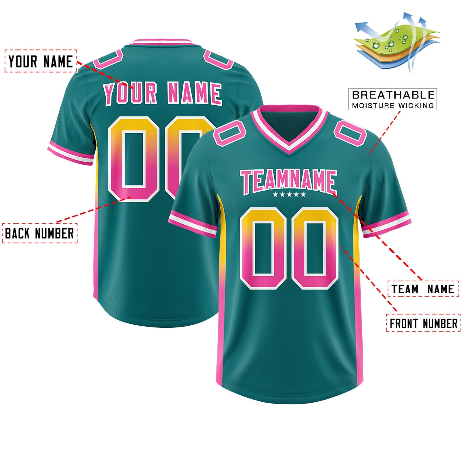 Custom Aqua Gold Sides Gradient Fashion Personalized Team Football Jersey