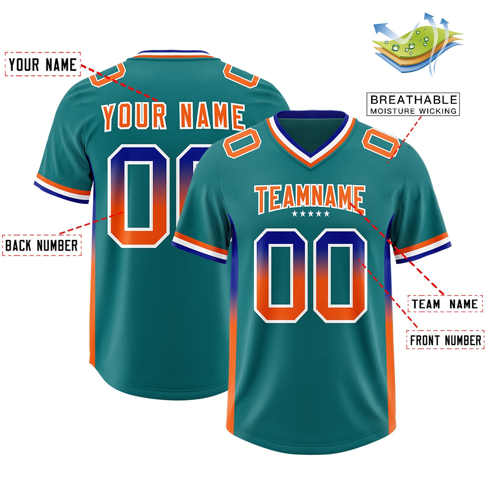 Custom Aqua Royal and Orange Sides Gradient Fashion Personalized Team Football Jersey