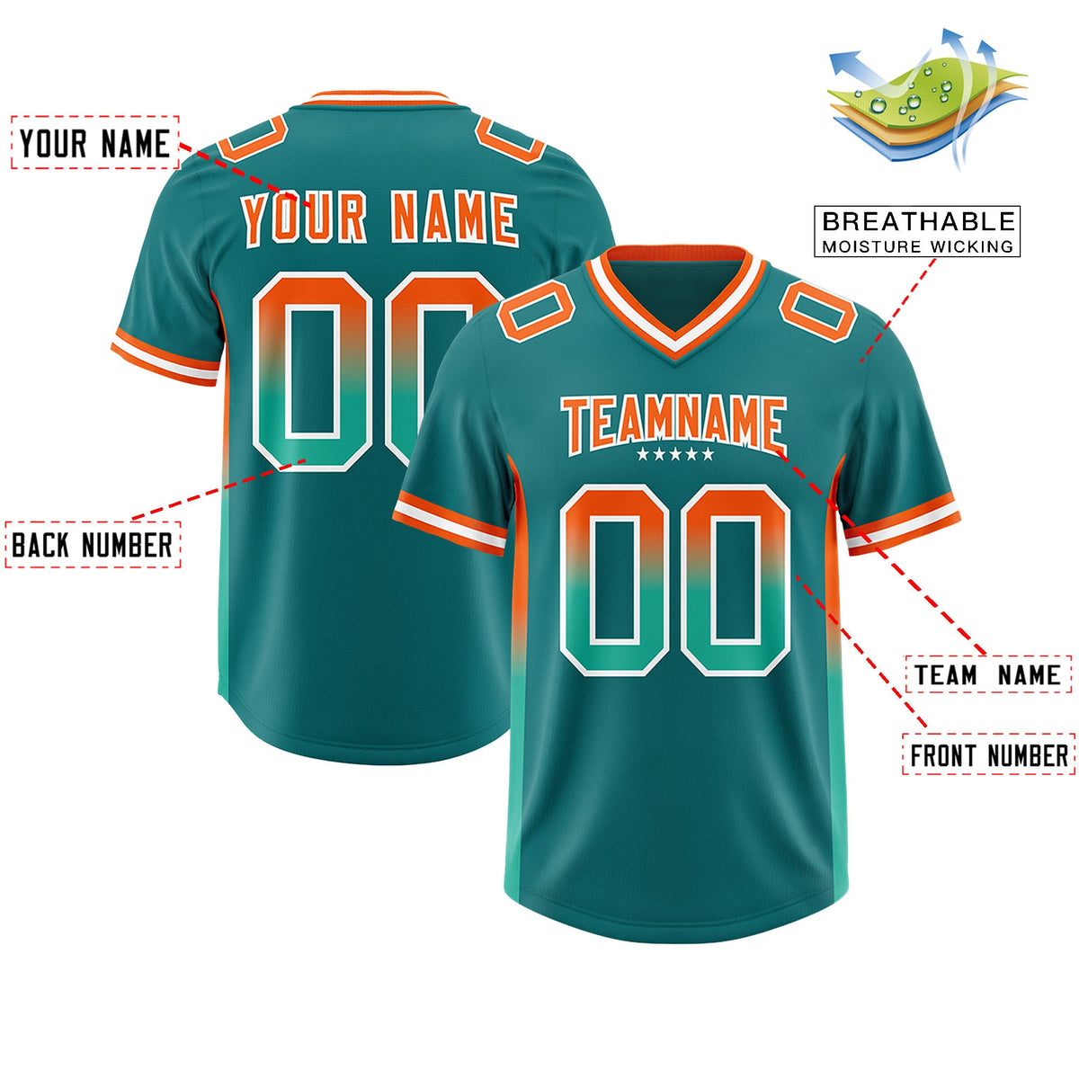 Custom Aqua Orange and Bright Green Sides Gradient Fashion Personalized Team Football Jersey