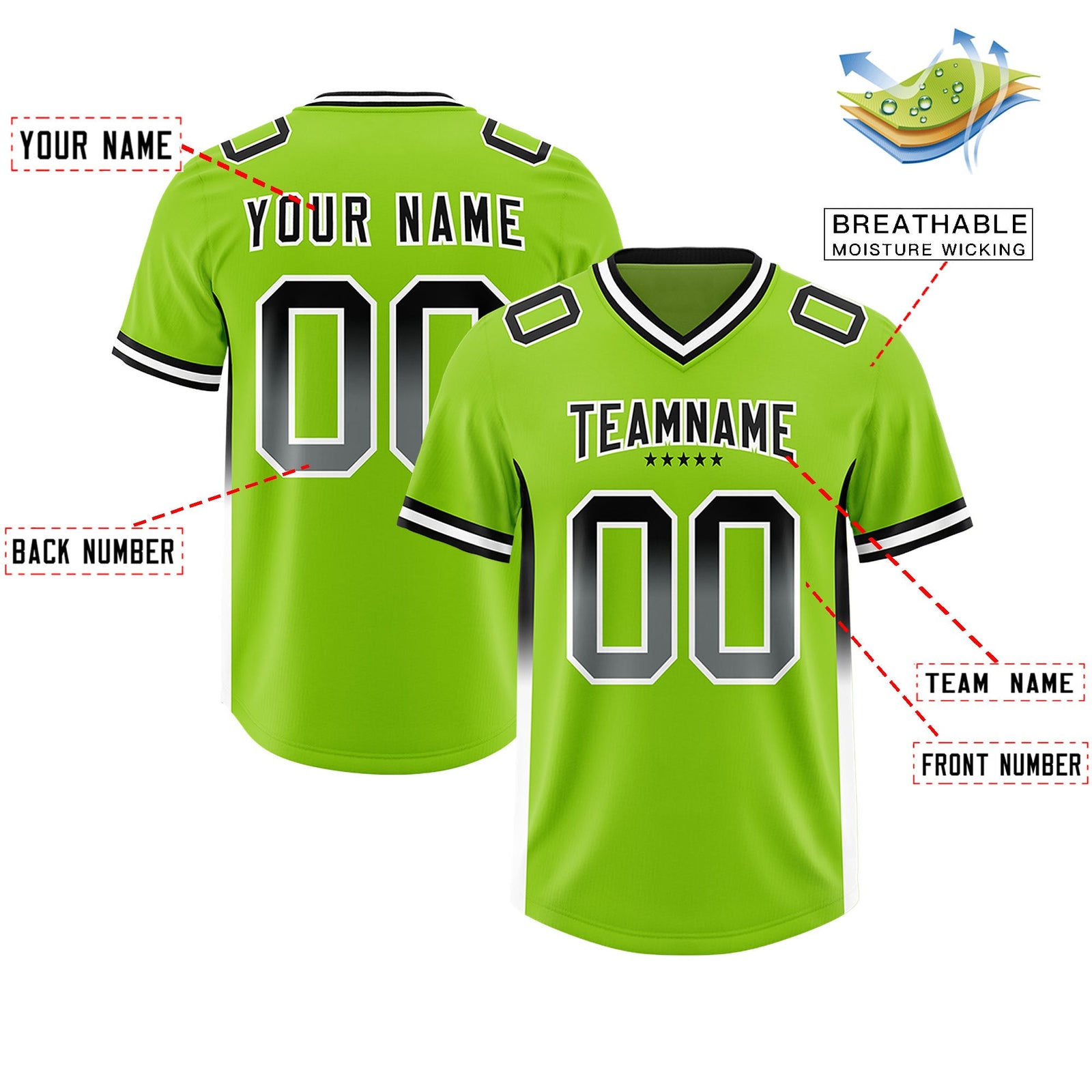 Custom Neon Green Black and White Sides Gradient Fashion Personalized Team Football Jersey