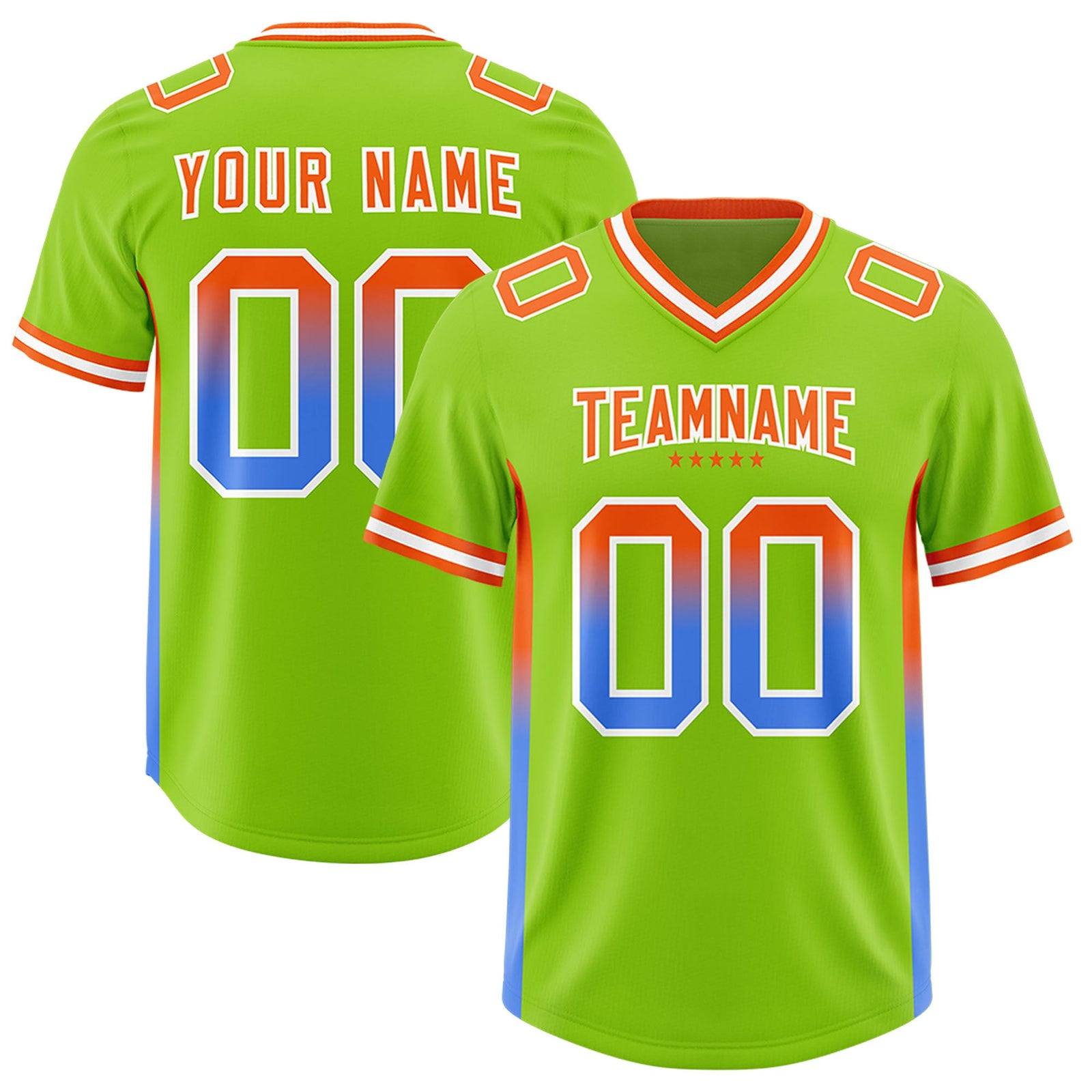 Custom Neon Green Orange and Powder Blue Sides Gradient Fashion Personalized Team Football Jersey