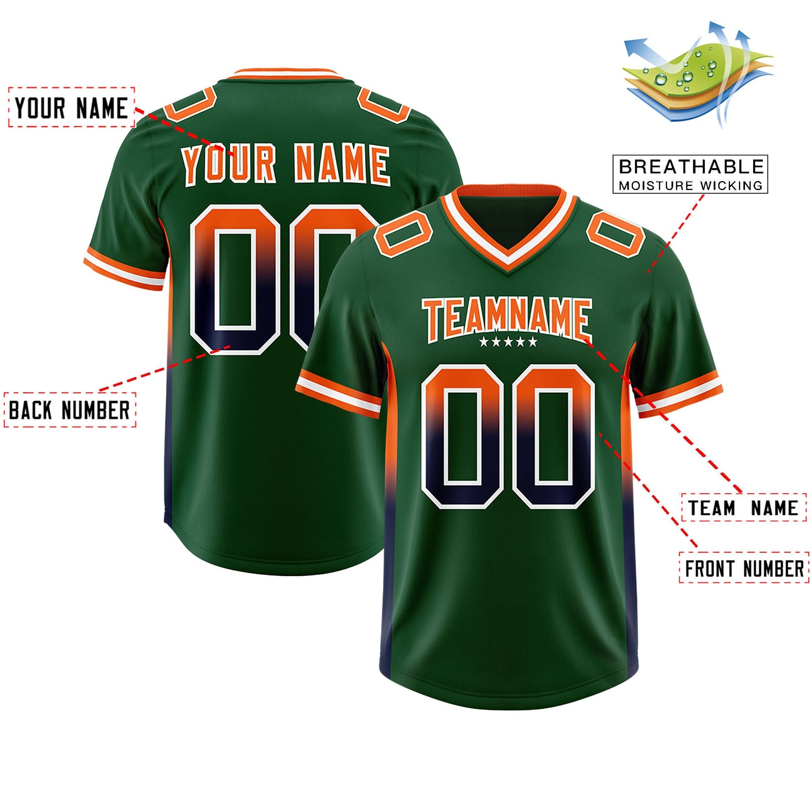 Custom Green Orange and Navy Sides Gradient Fashion Personalized Team Football Jersey