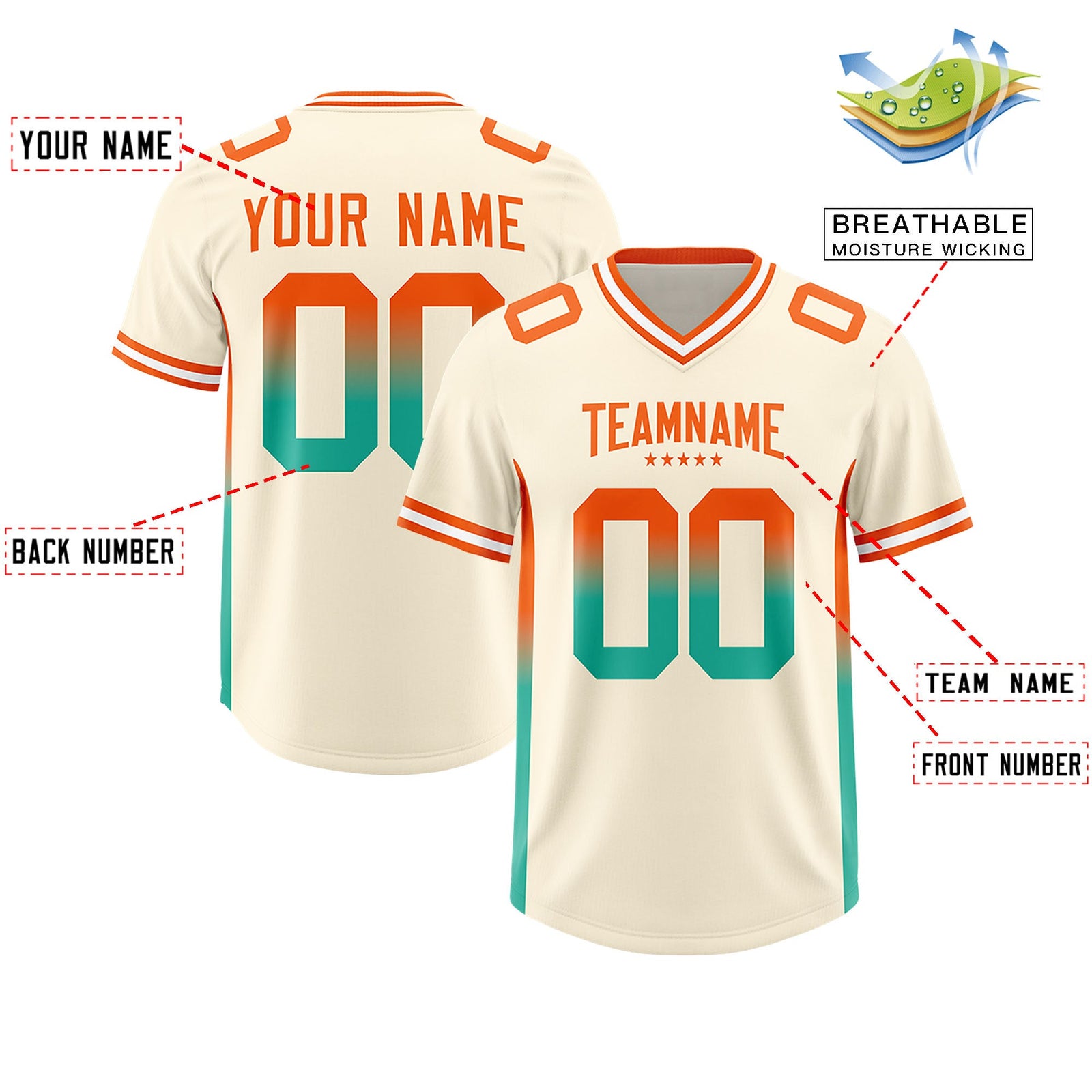 Custom Cream Orange and Bright Green Sides Gradient Fashion Personalized Team Football Jersey