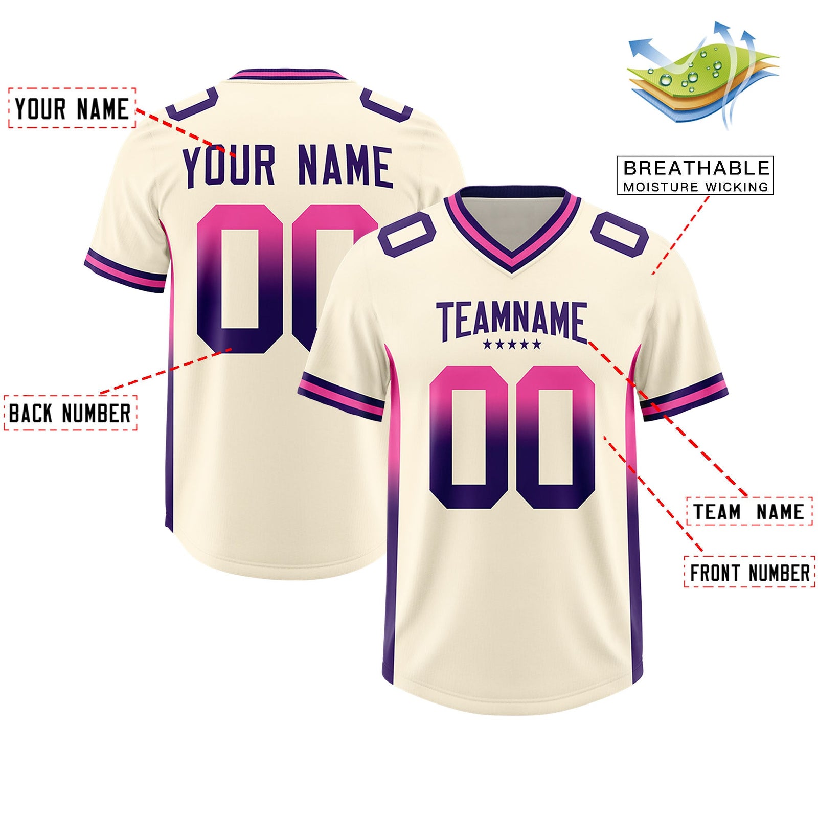 Custom Cream Pink and Purple Sides Gradient Fashion Personalized Team Football Jersey