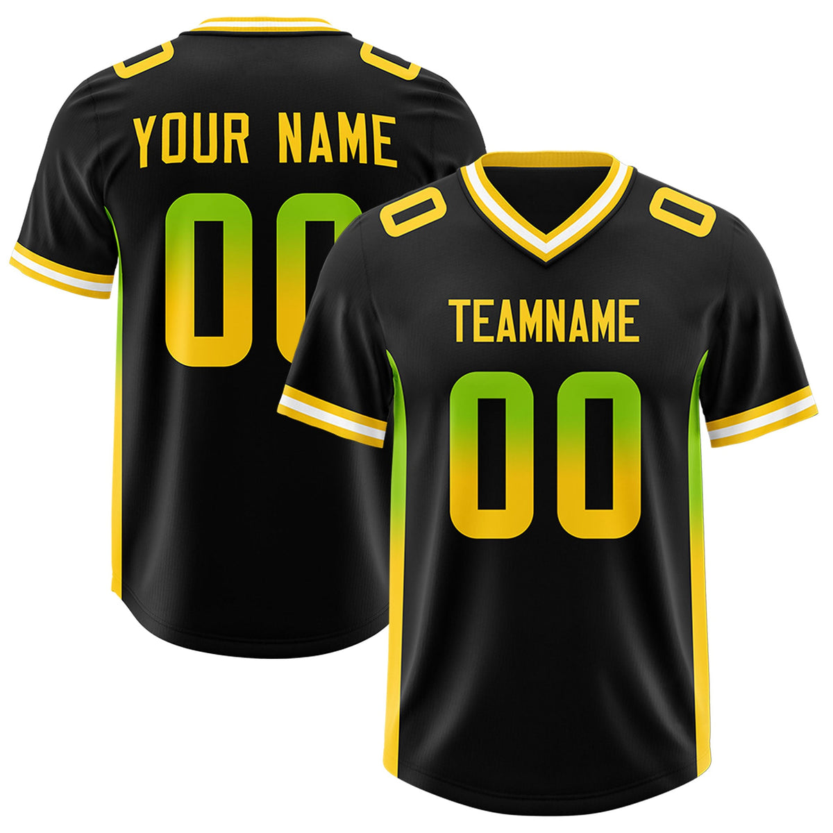 Custom Black Neon Green and Gold Sides Gradient Fashion Personalized Team Football Jersey