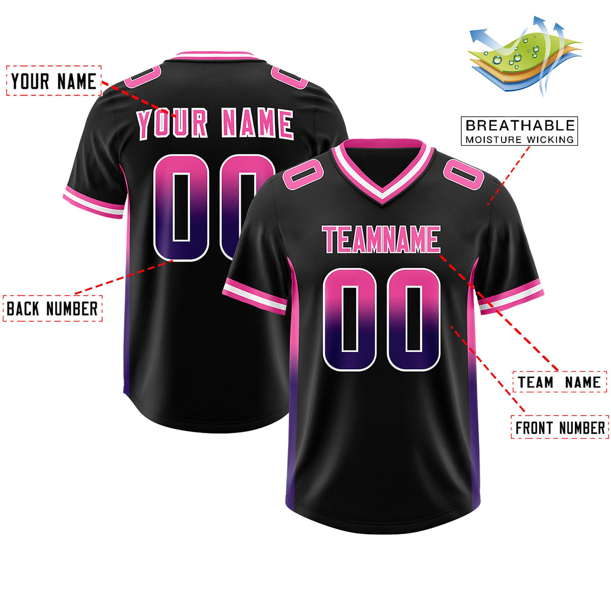 Custom Black Pink and Purple Sides Gradient Fashion Personalized Team Football Jersey