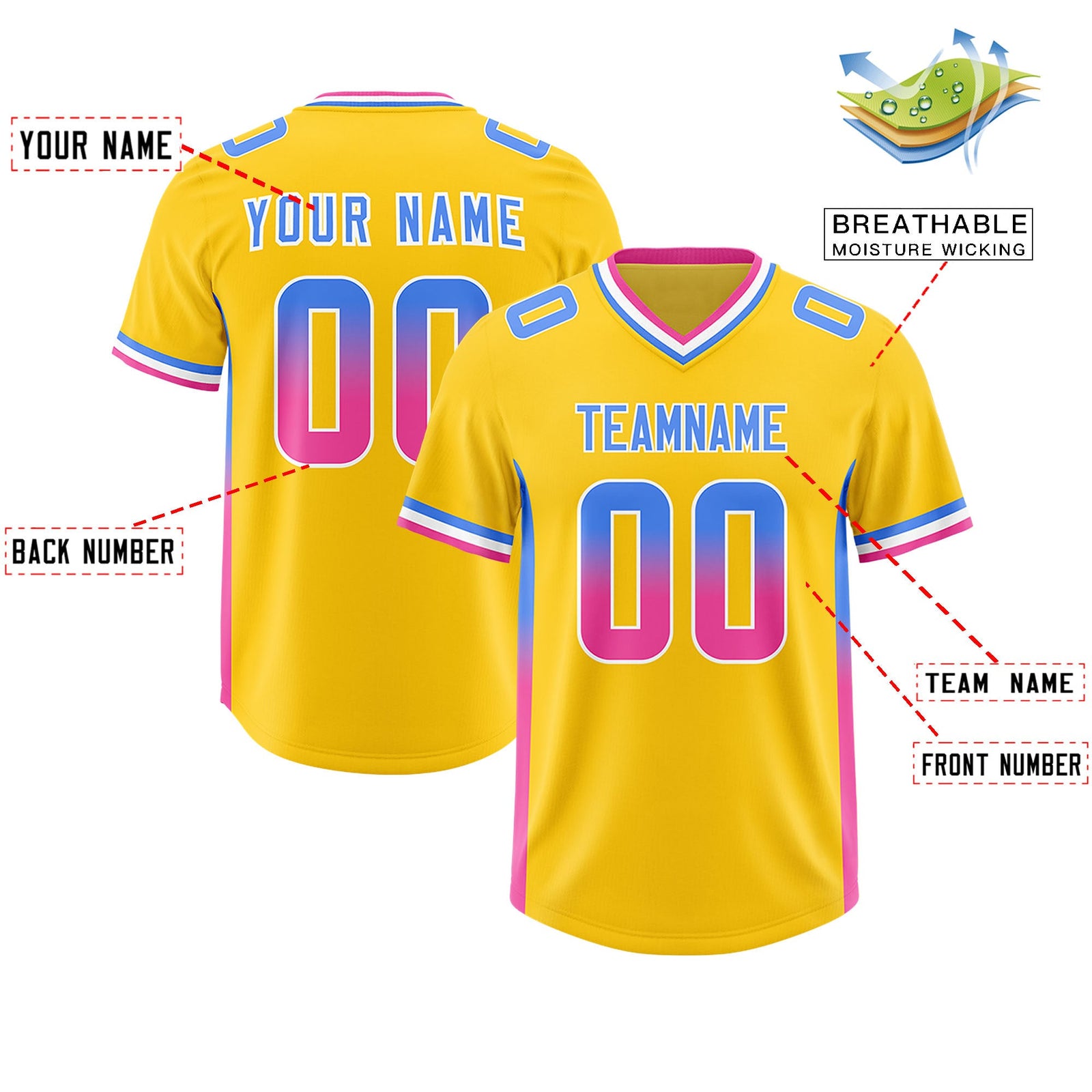Custom Gold Powder Blue and Pink Sides Gradient Fashion Personalized Team Football Jersey