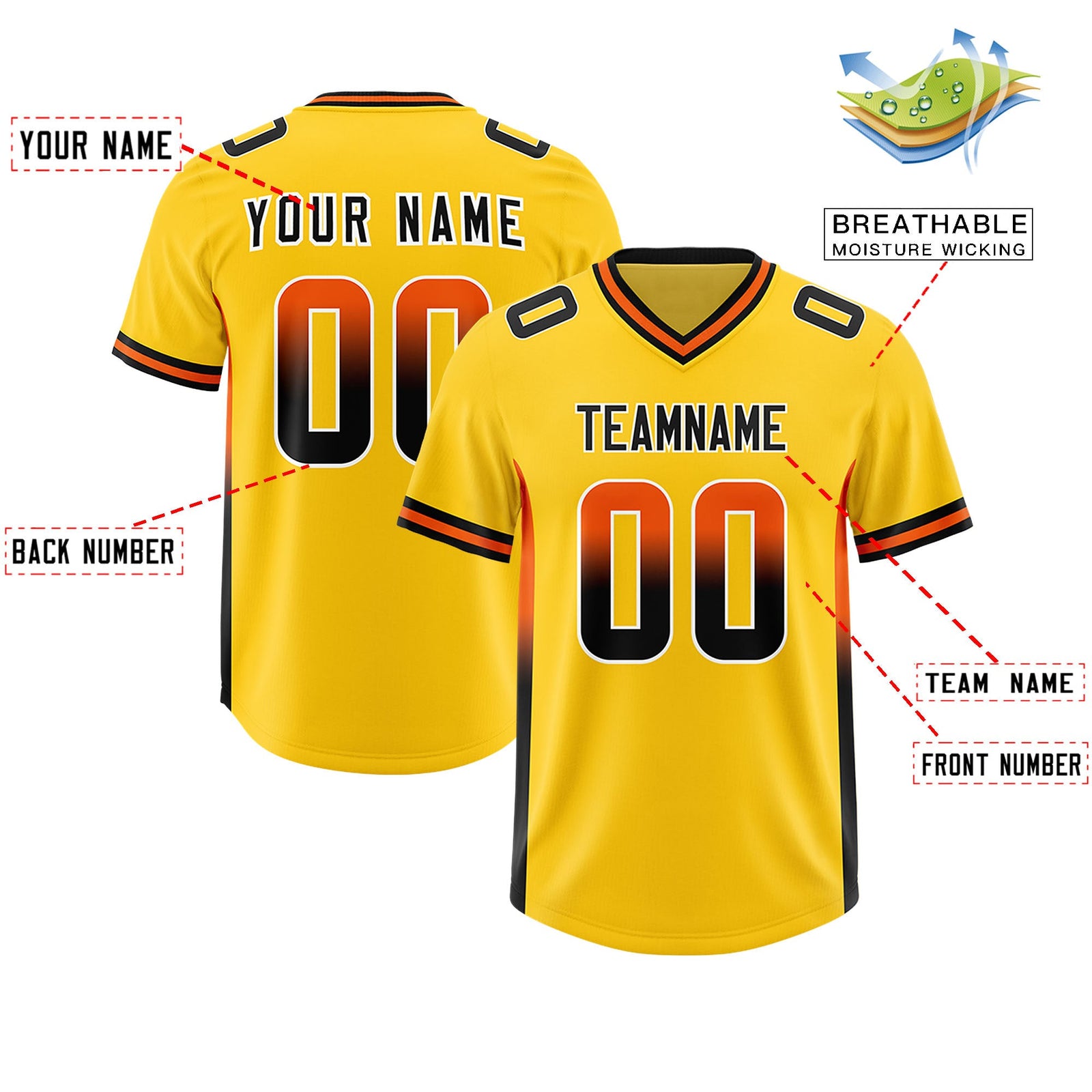 Custom Gold Orange and Black Sides Gradient Fashion Personalized Team Football Jersey